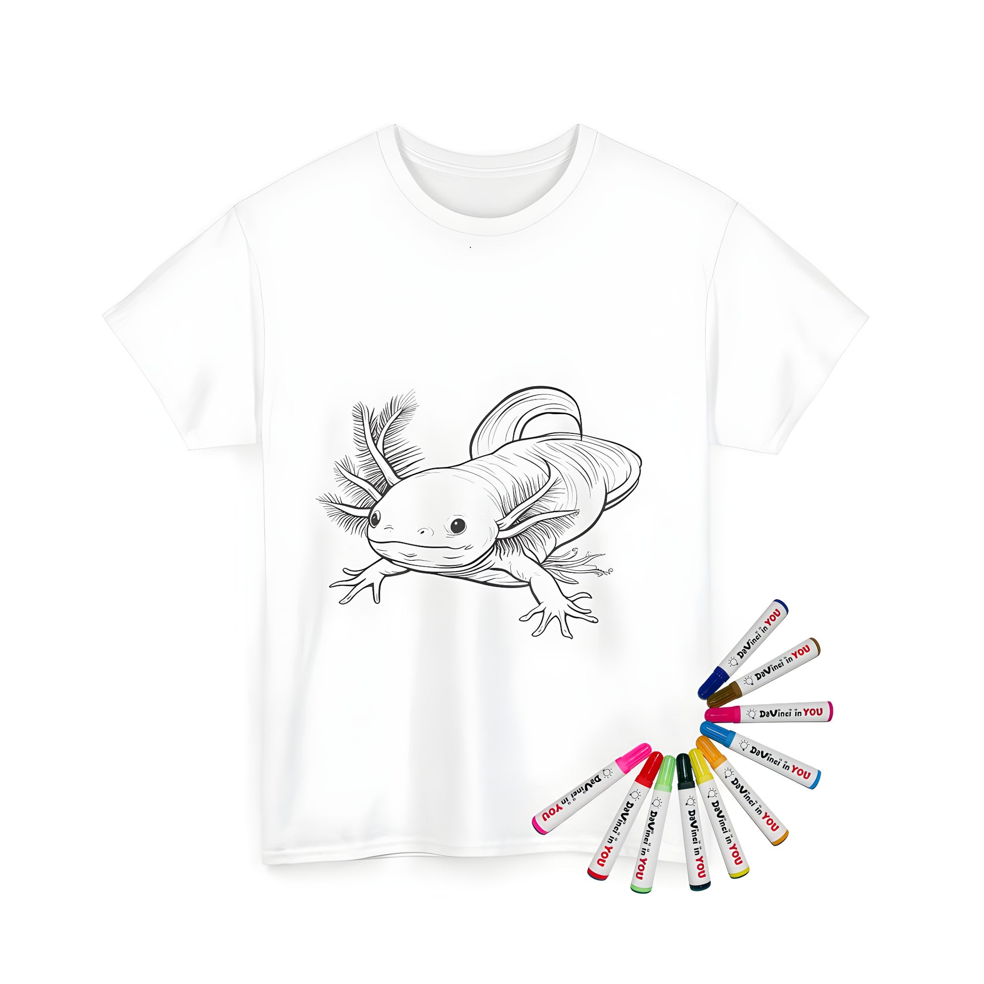 Unisex t-shirt featuring a whimsical axolotl illustration for kids and adults to color, accompanied by 10 vibrant fabric markers