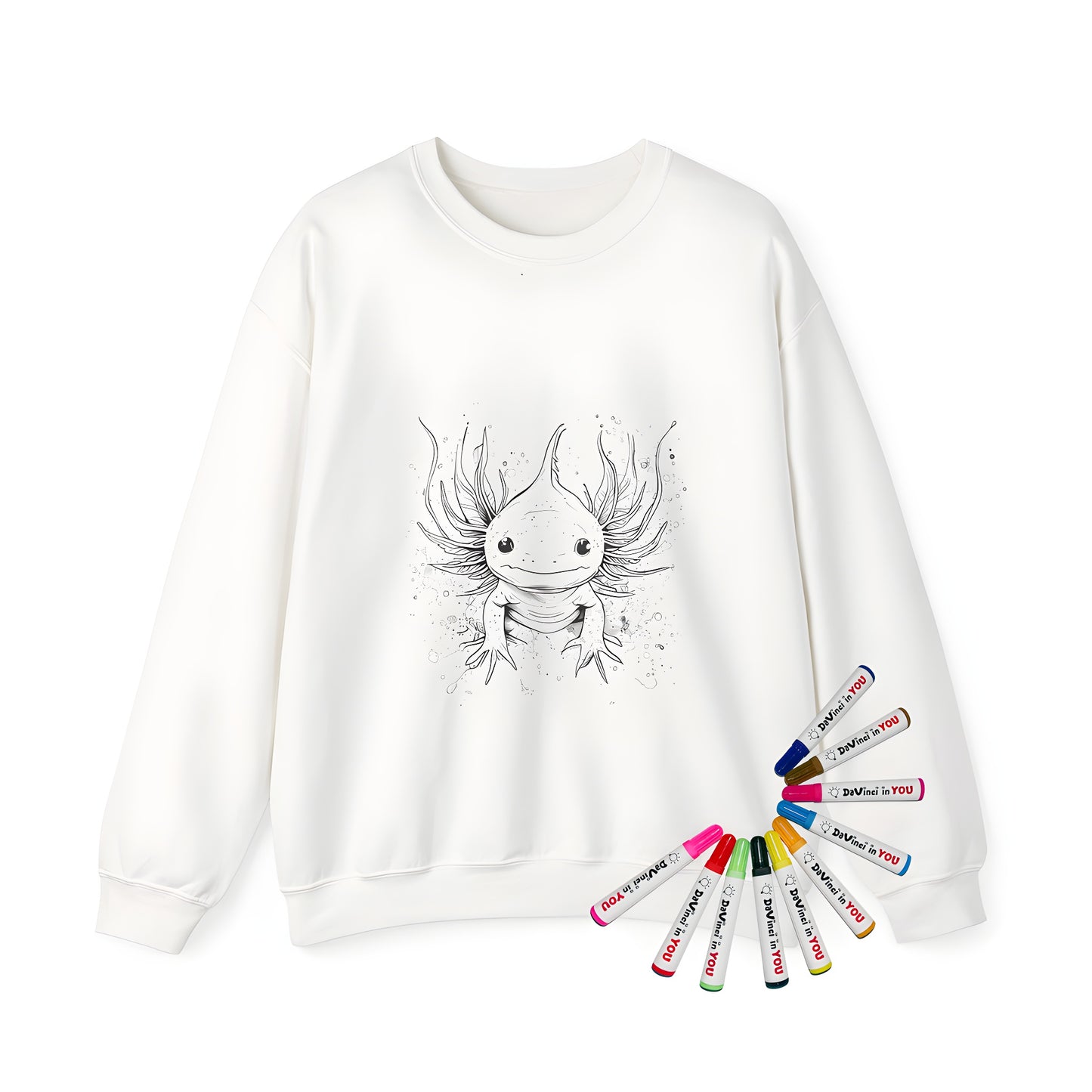 Adult sweatshirt featuring a detailed illustration of an axolotl, salamander, or Mexican walking fish design