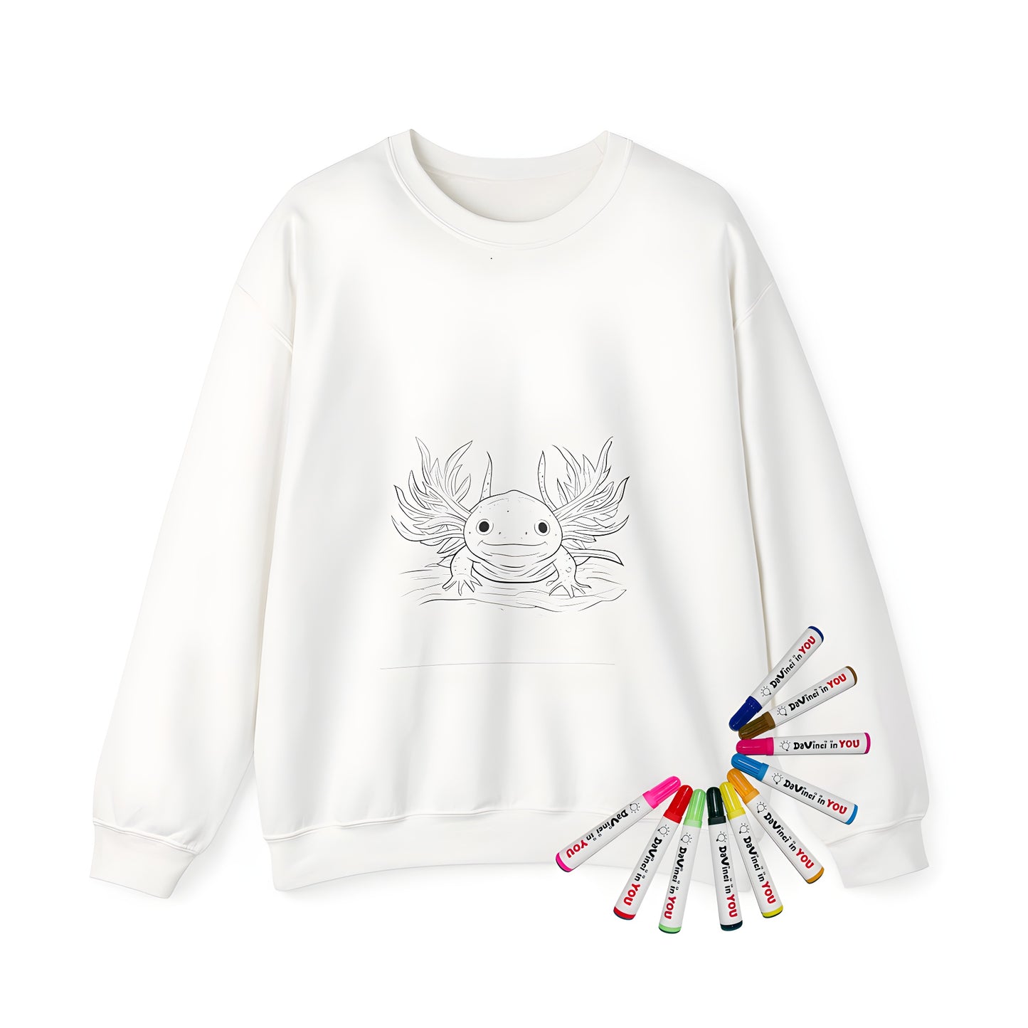 Adult sweatshirt featuring a colorful axolotl design, with intricate details and vibrant fabric markers
