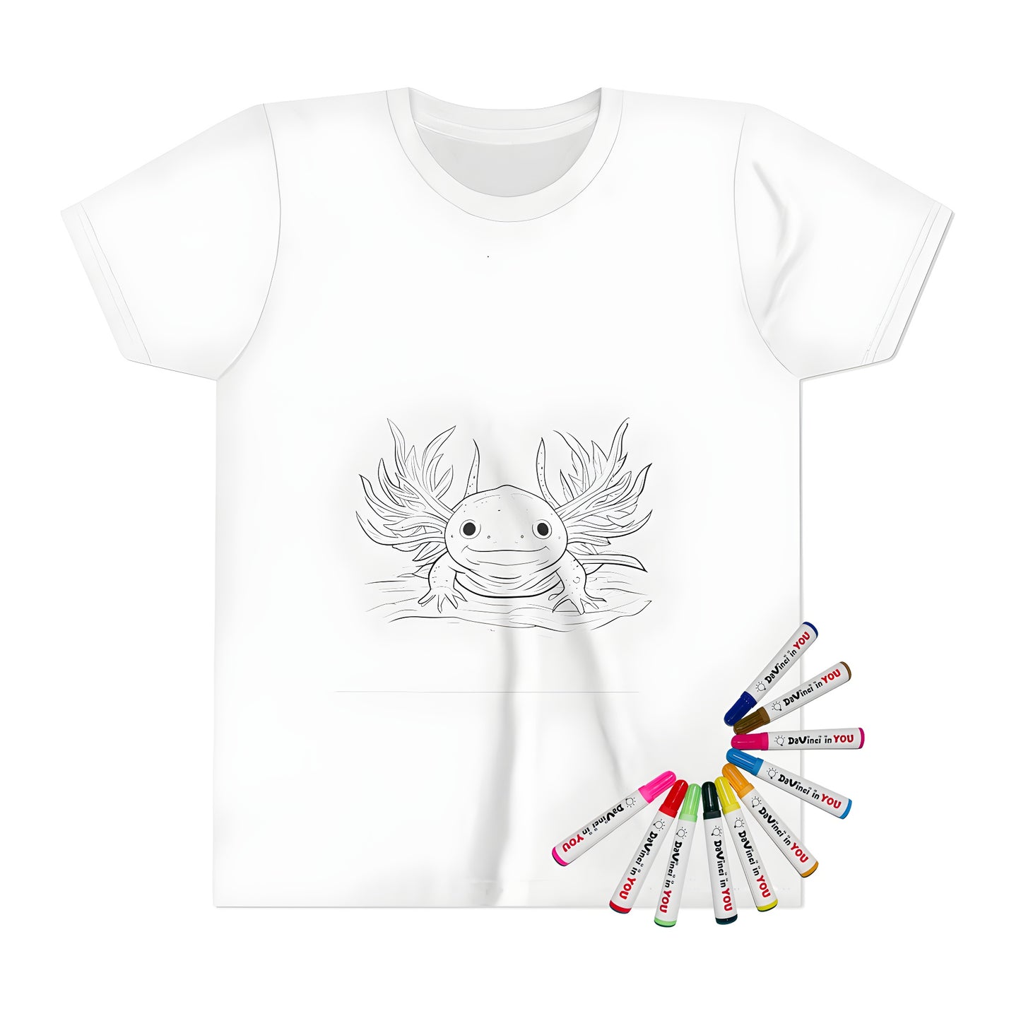 Colorful kid's t-shirt featuring an axolotl illustration, also known as a Mexican walking fish or moosehead salamander