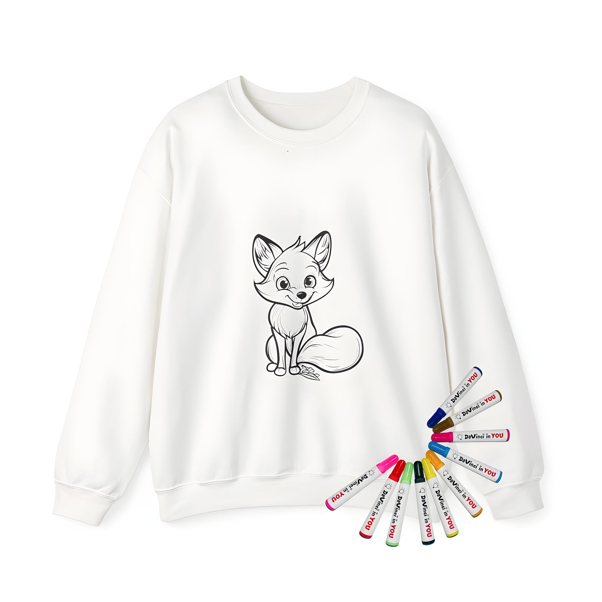 Adult sweatshirt with adorable cartoon fox design featuring large eyes and bushy tail