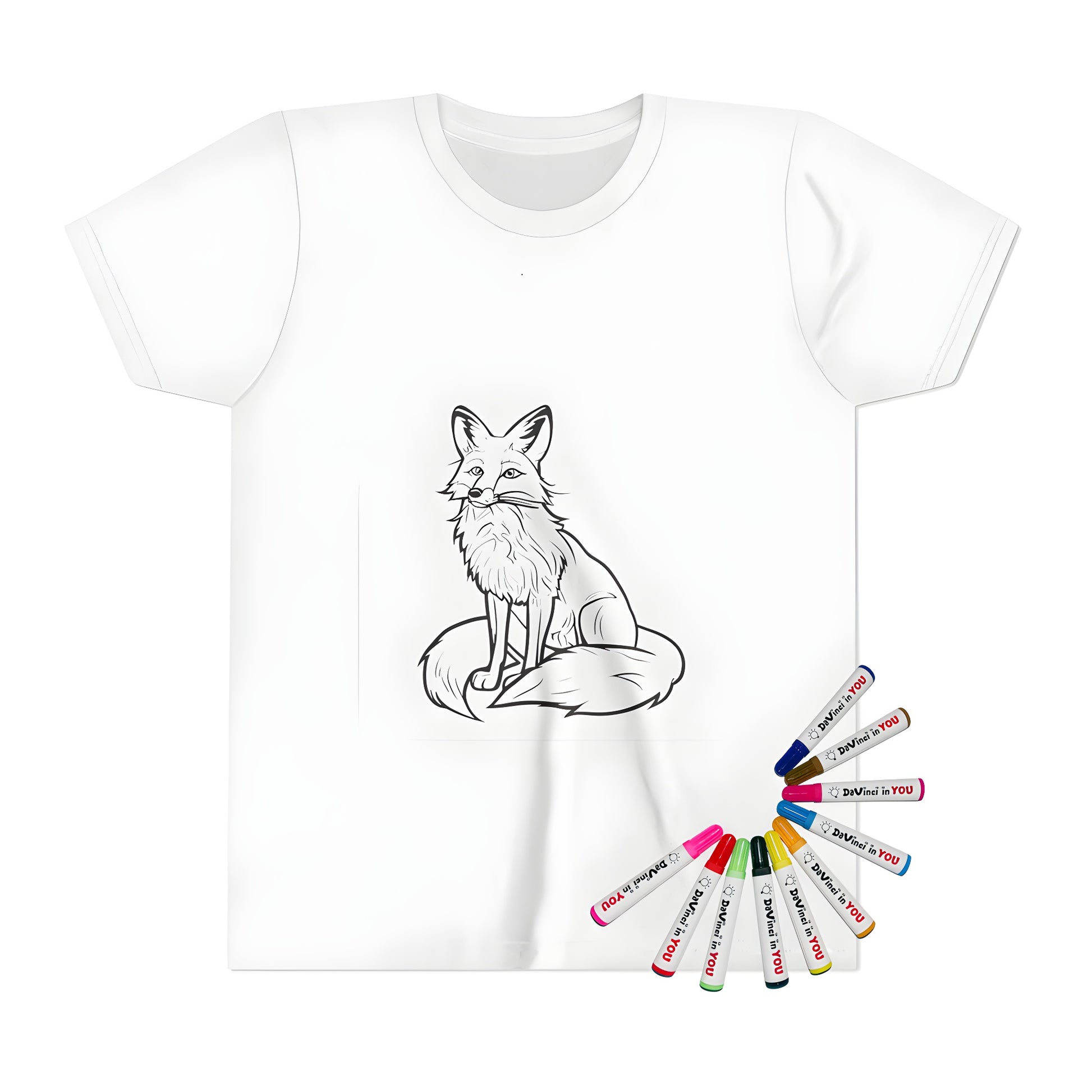 Kid's Fox t-shirt with colorful illustration of sitting fox and bushy tail