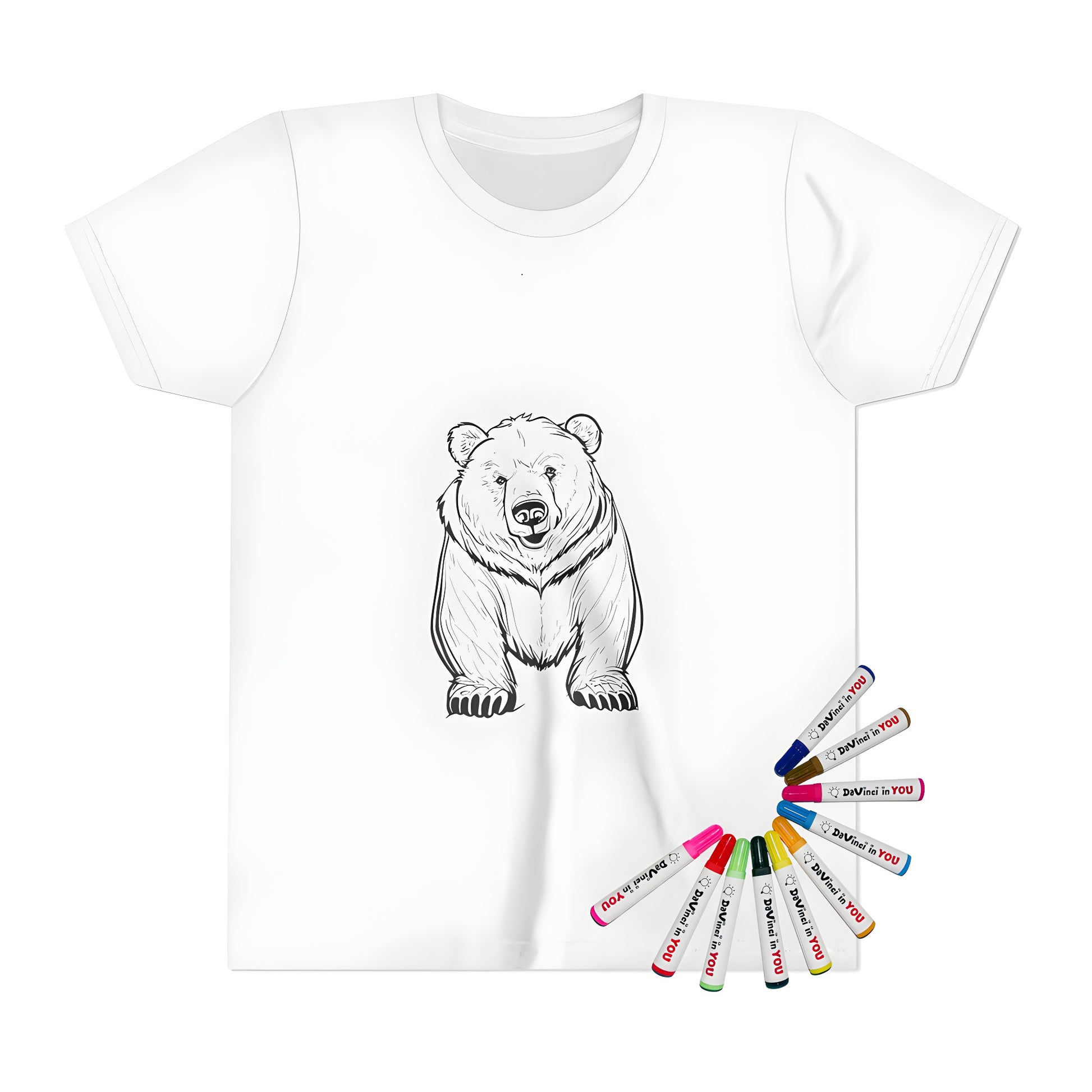 Kid's t-shirt featuring a detailed line drawing of a grizzly bear, perfect for coloring with 10 fabric markers.