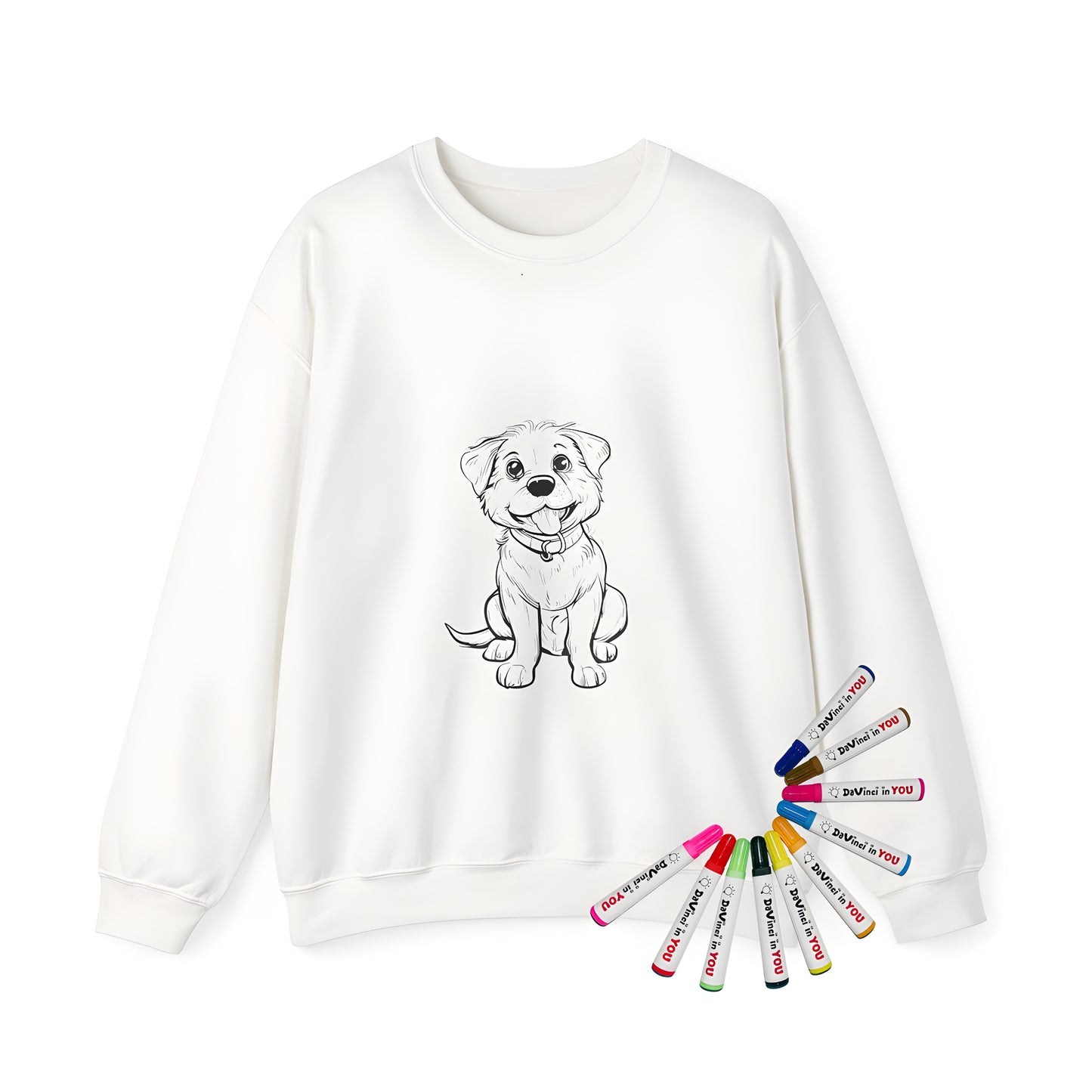 Adult sweatshirt coloring kit with adorable dog designs, featuring happy puppies and cute canine companions