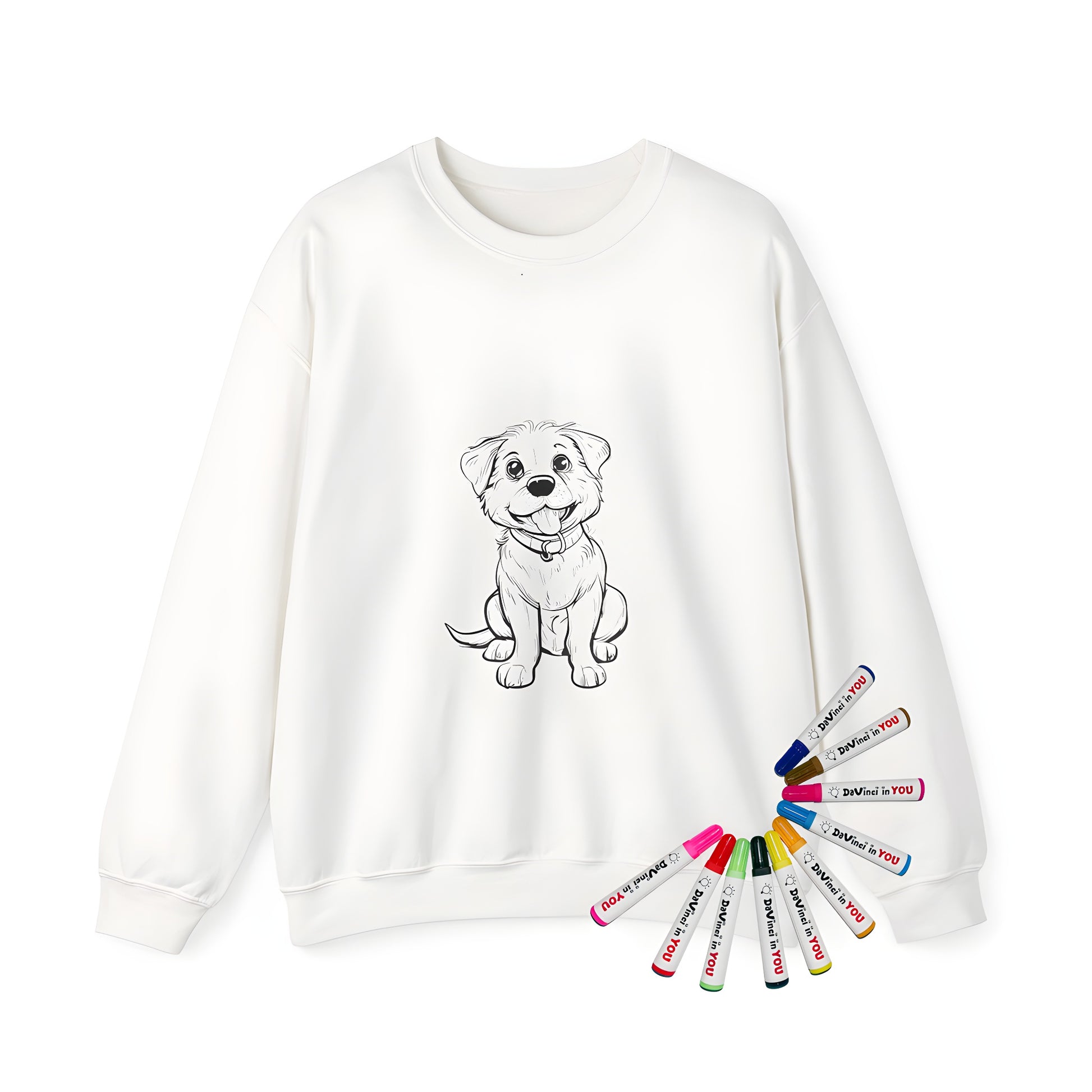 Adult sweatshirt coloring kit with adorable dog designs, featuring happy puppies and cute canine companions