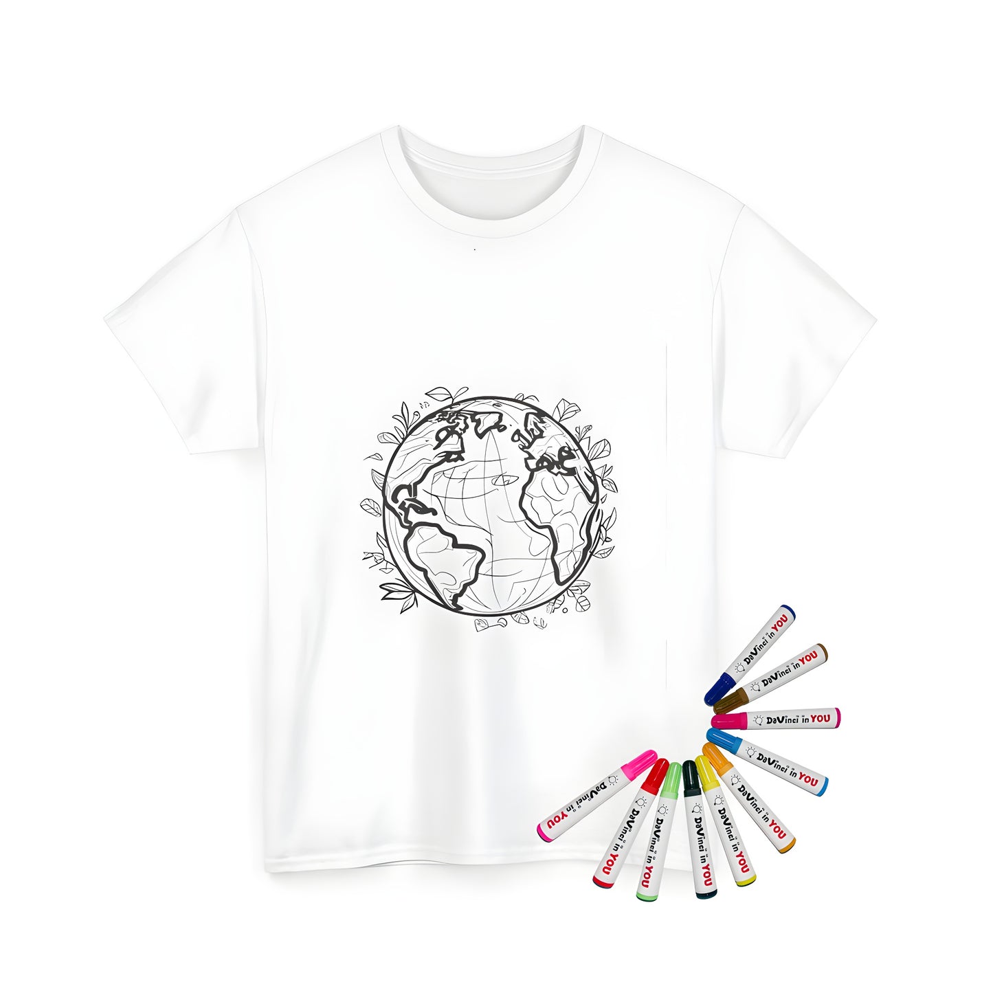 Black and white line drawing of the Globe, World, Planet, or Terra on a Unisex T-shirt, featuring continents and surrounded by leaves