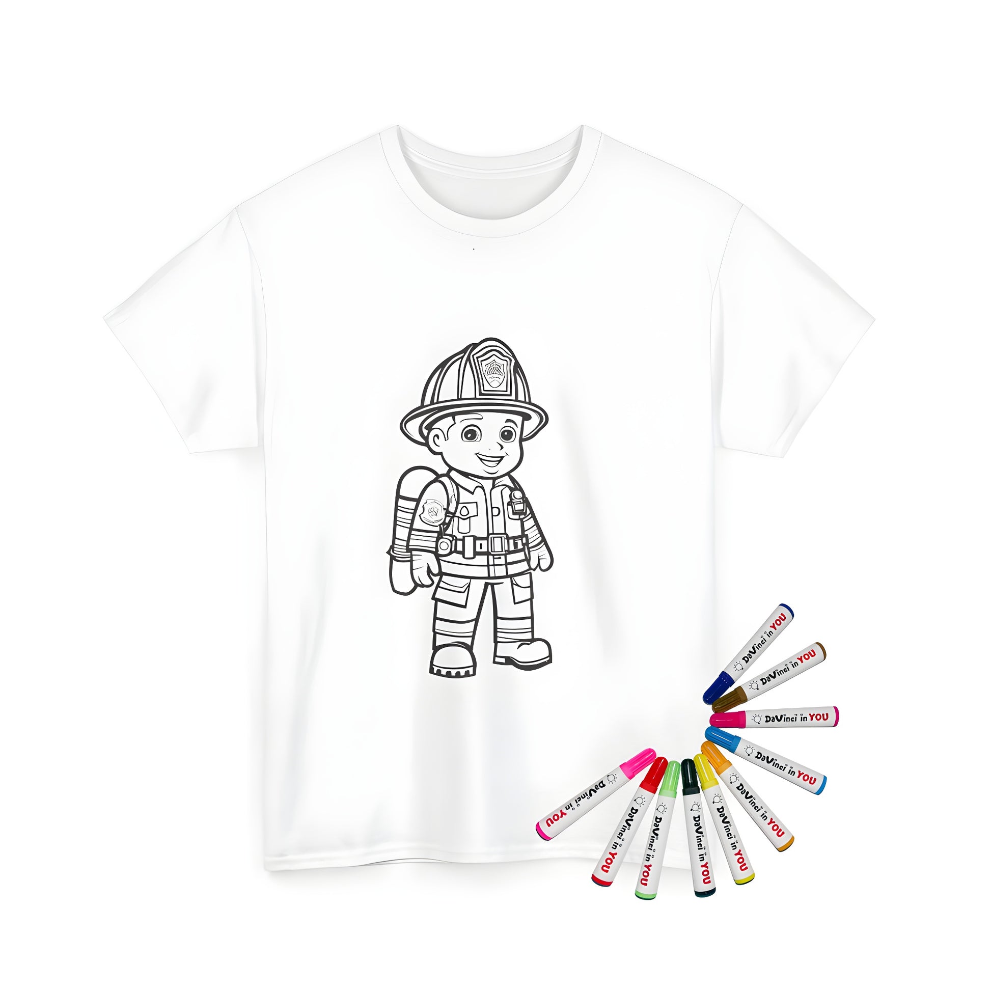 Playful firefighter costume coloring kit on unisex t-shirt
