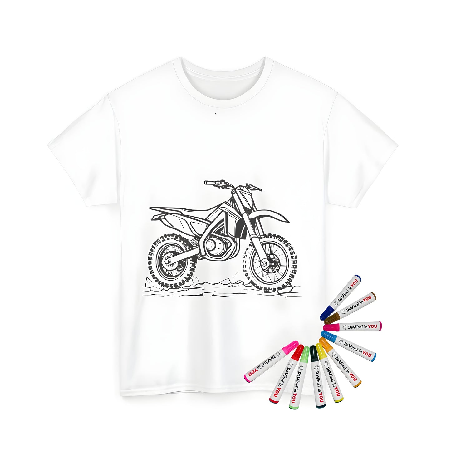 A detailed line drawing of a motorcycle with rugged tires on a rocky terrain, ideal for coloring, printed on a soft Unisex T-shirt.