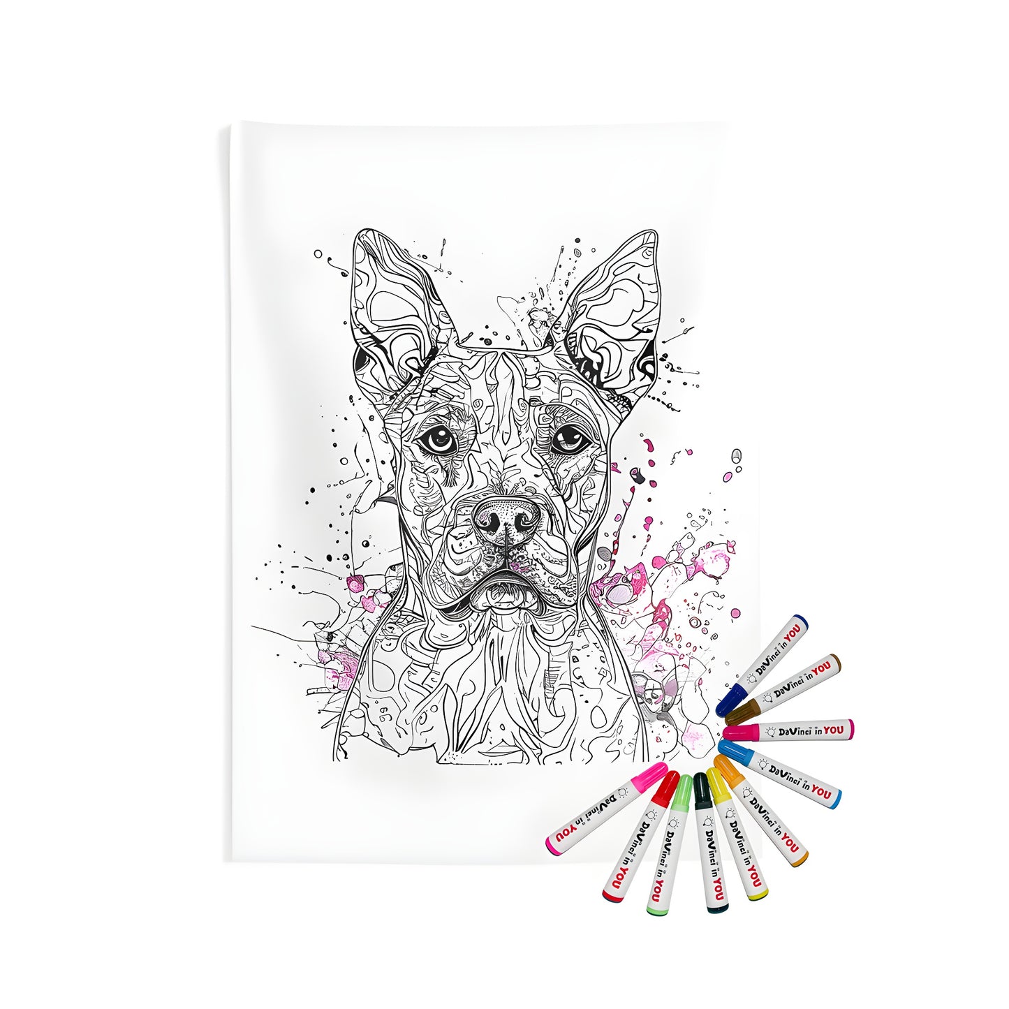 Indoor wall tapestry with artistic dog design, featuring intricate black and white drawing, abstract patterns, and pink watercolor splashes