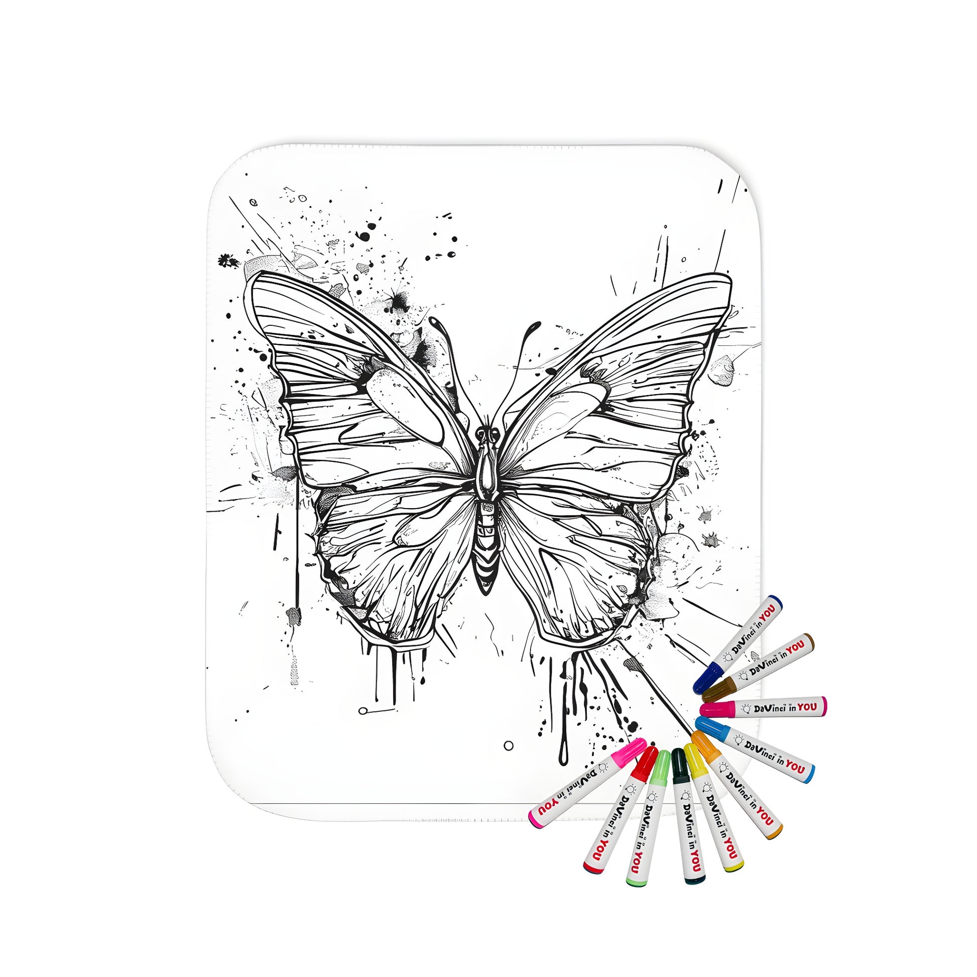 Coloring kit blanket with beautiful moth designs, featuring detailed wings and abstract splatters