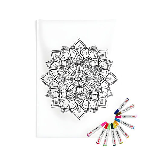 Intricate black and white mandala art featuring layered floral patterns on an indoor wall tapestry