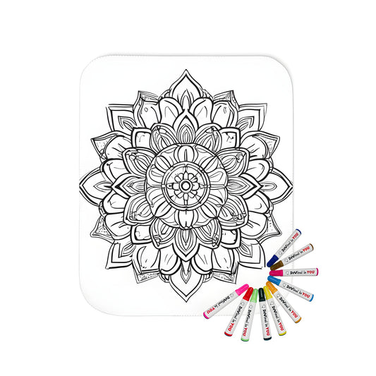 A soothing blanket featuring an intricate black and white mandala design with layered floral patterns, perfect for coloring enthusiasts seeking artistic relaxation.
