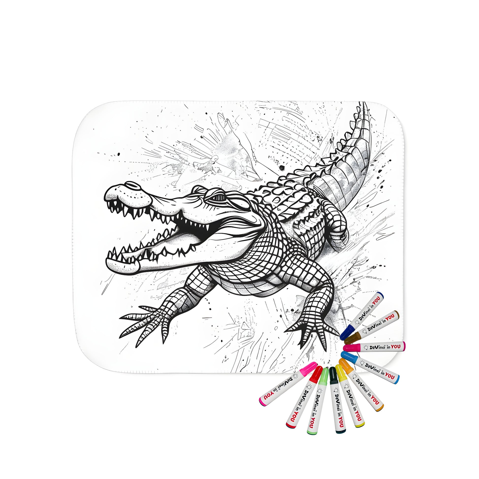 Colorful blanket featuring a detailed crocodile illustration with abstract background splashes. Perfect for kids and adults alike.