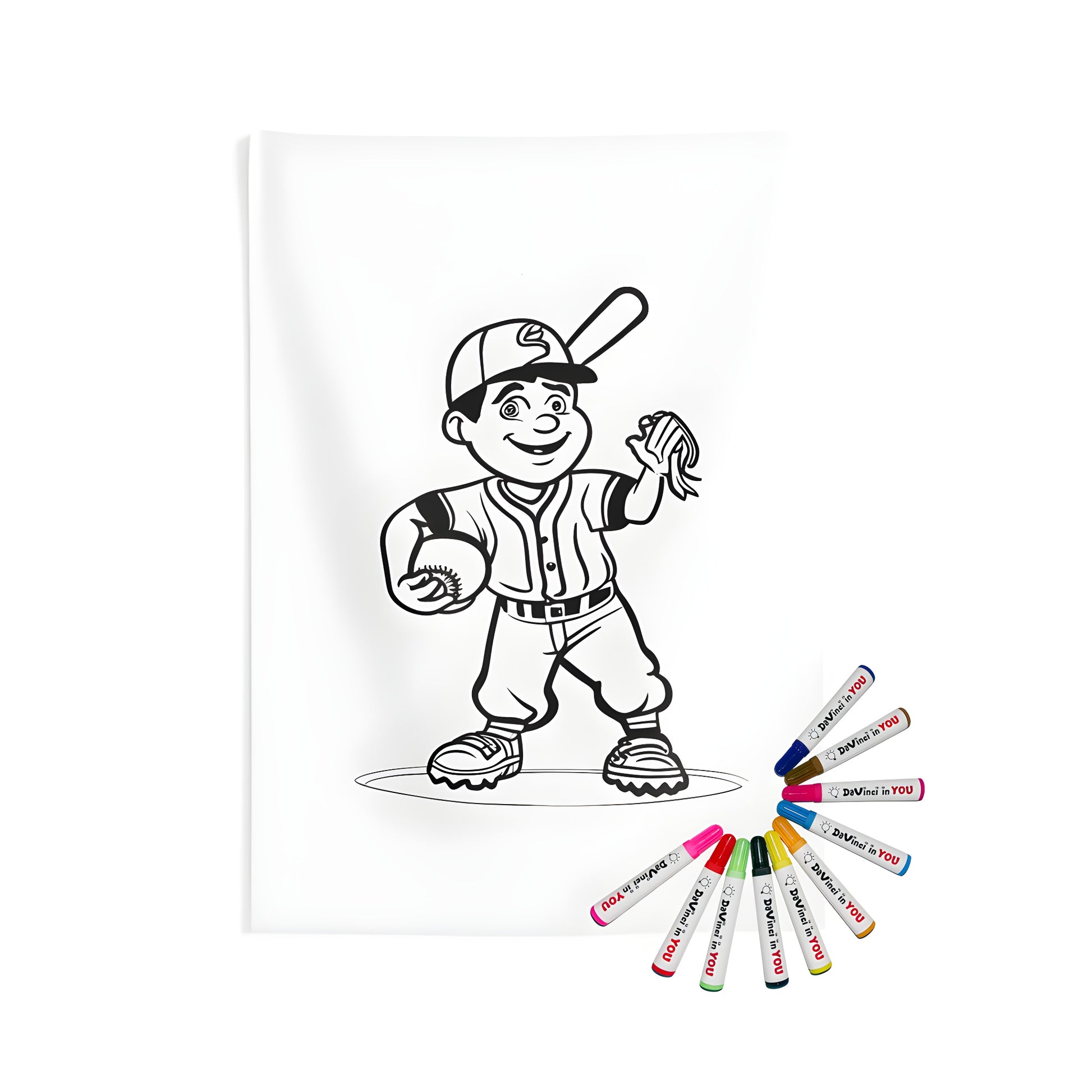 Decorative indoor wall tapestry featuring a colorful baseball-inspired design with illustrations of a boy playing baseball. Perfect for fans of the sport and anyone looking to add a fun touch to their home or office.