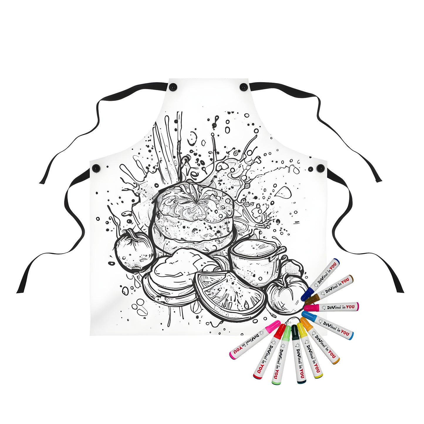 Coloring apron featuring a vibrant illustration of fruits, bread, and a mug in a stylized composition