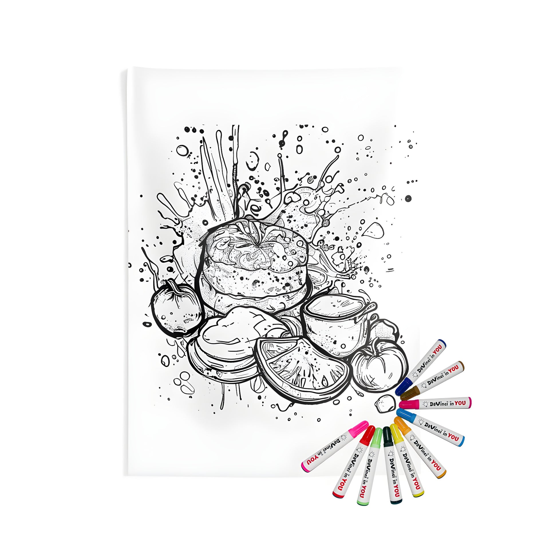 Coloring kit for adults featuring a colorful Indoor Wall Tapestry with an illustration of fruits, bread, and a mug in a vibrant composition. Includes 10 fabric markers.