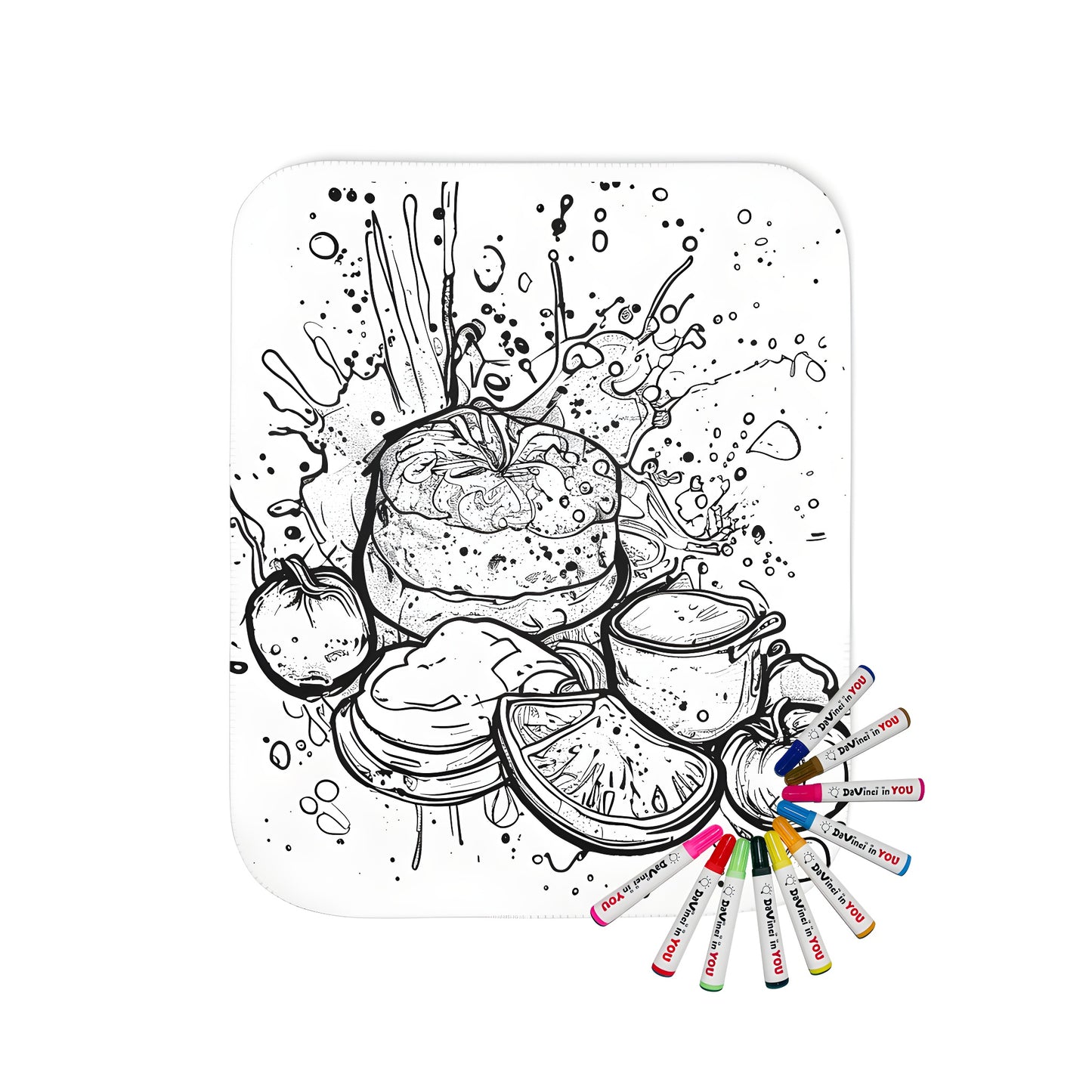 Colorful blanket featuring an artistic illustration of fresh produce, baked goods, and a mug
