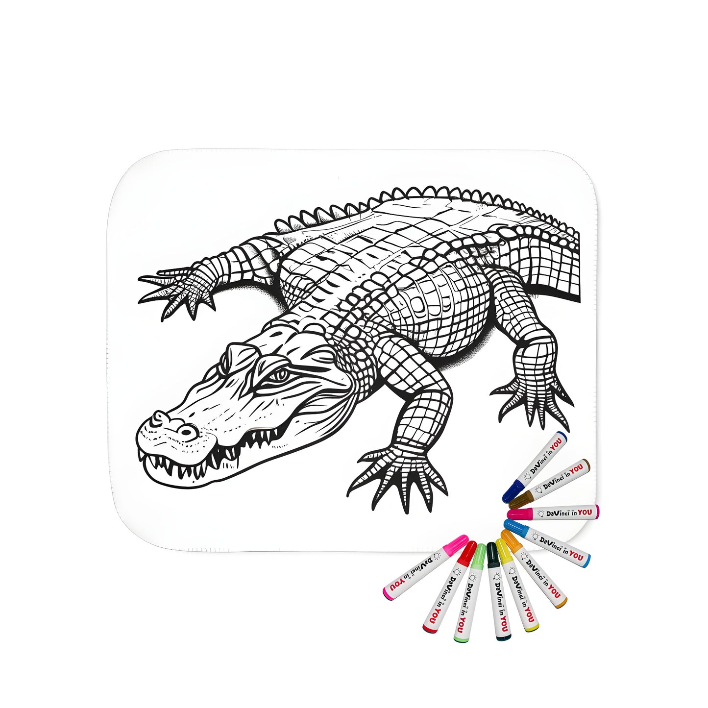 Coloring blanket with a realistic illustration of a crocodile, featuring its scales and sharp teeth. Perfect for kids and adults alike to relax and express their creativity.