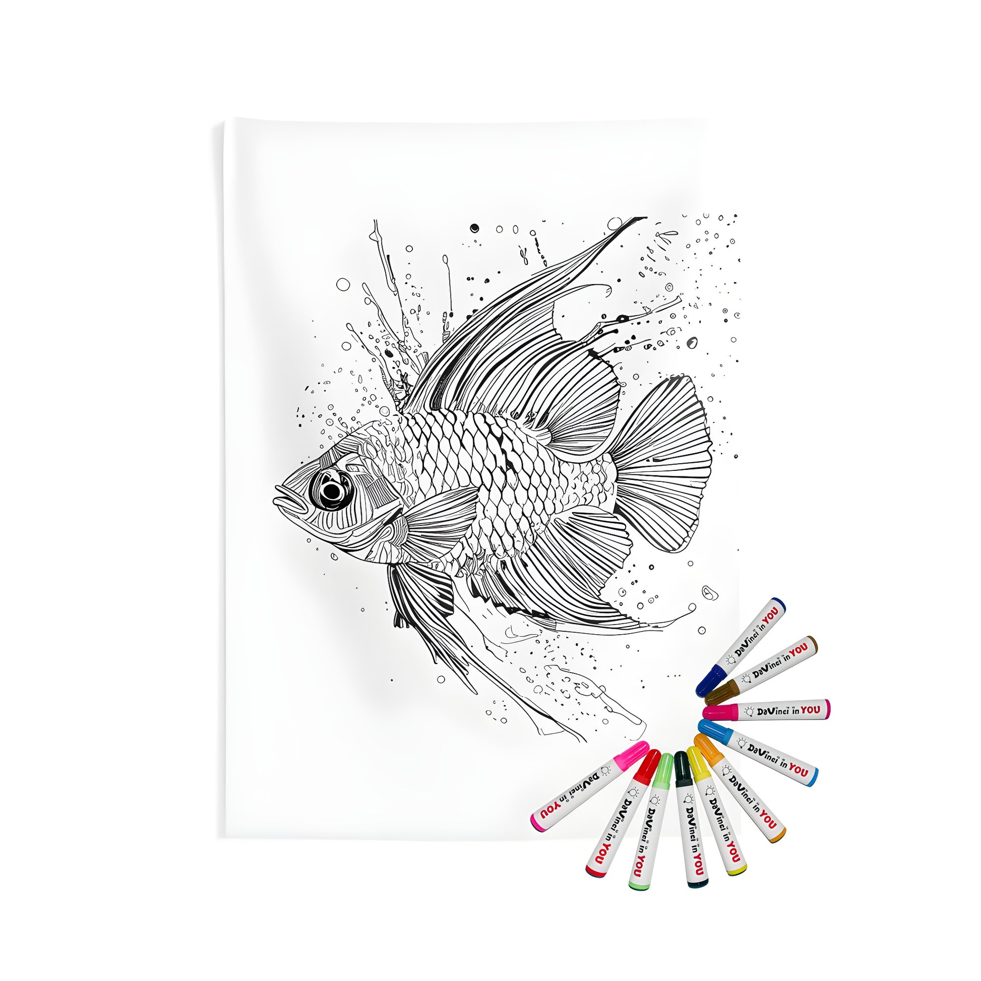 Intricate black and white fish illustration for indoor wall tapestries coloring kit