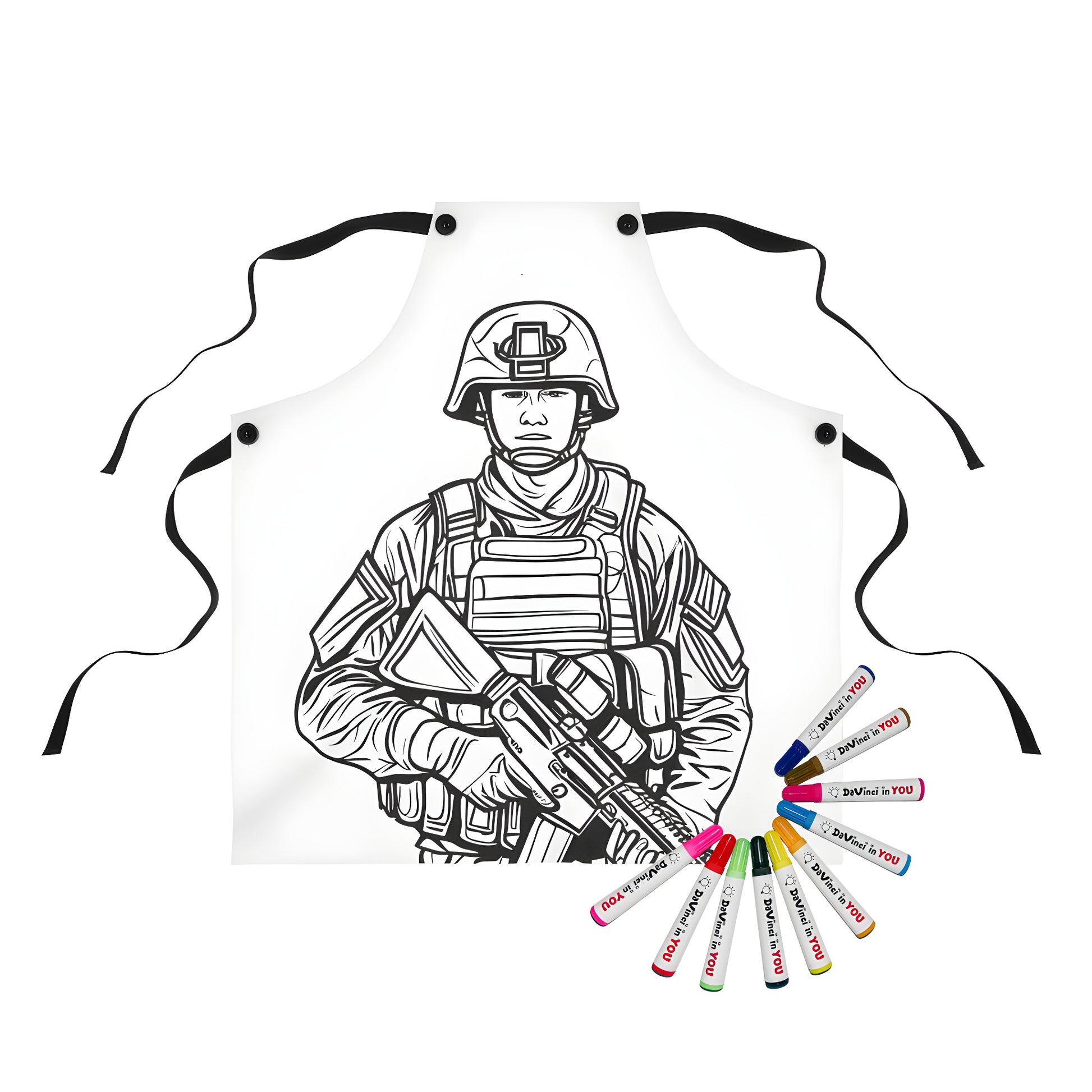 Coloring apron with soldier design, perfect for kids and adults alike.