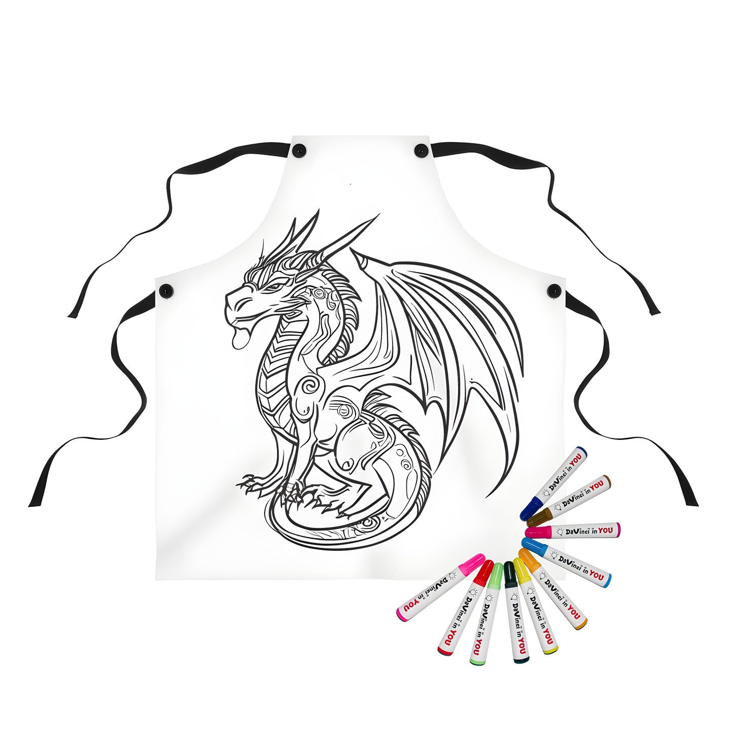 Apron featuring a colorful dragon design with detailed illustrations of a mythical creature