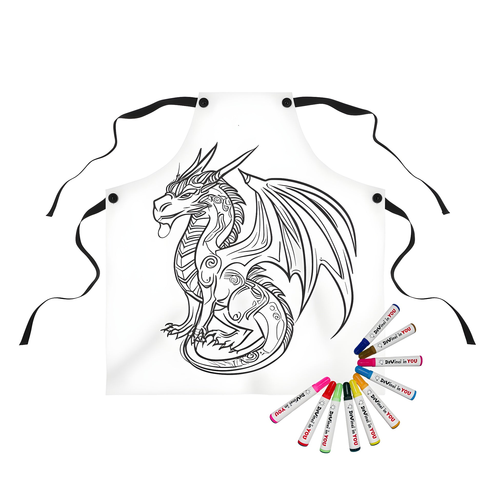 Apron featuring a colorful dragon design with detailed illustrations of a mythical creature