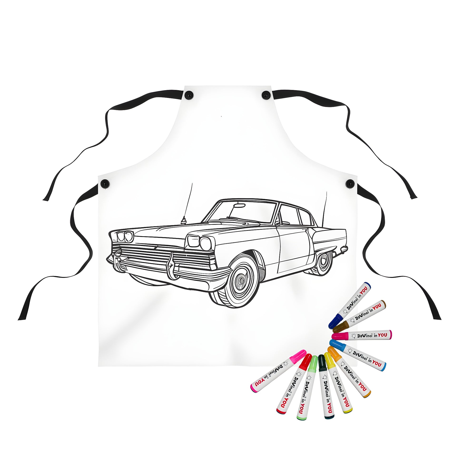 Detailed vintage automobile design printed on an apron for artistic expression