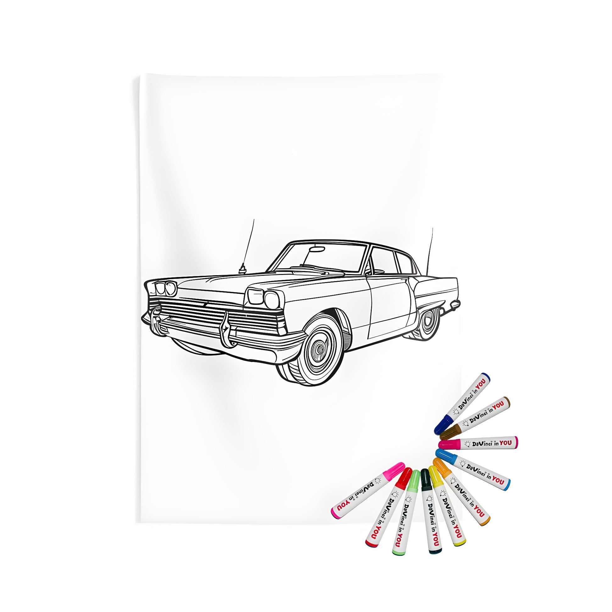 Vintage Car Wall Tapestry for Home Decor - A detailed line drawing of a retro car