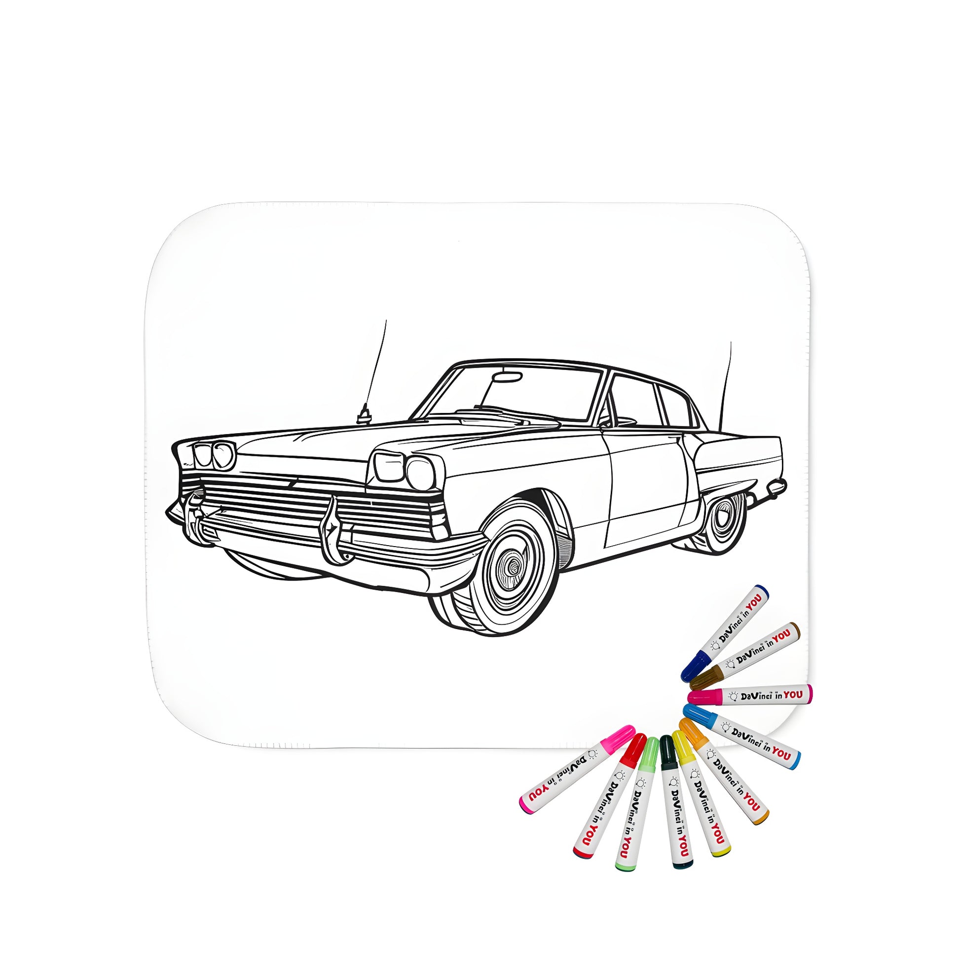 Vintage automobile blanket, cozy throw with detailed line drawing of old car