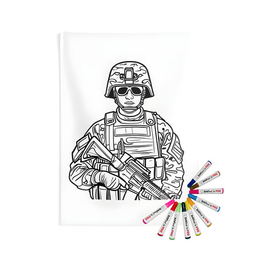 Coloring kit with fabric markers and an indoor wall tapestry featuring a detailed black and white illustration of a soldier in military attire, including gear like rifle, helmet, sunglasses, camouflage