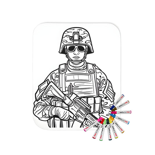 Blanket with soldier illustration, camouflage gear, and military uniform design