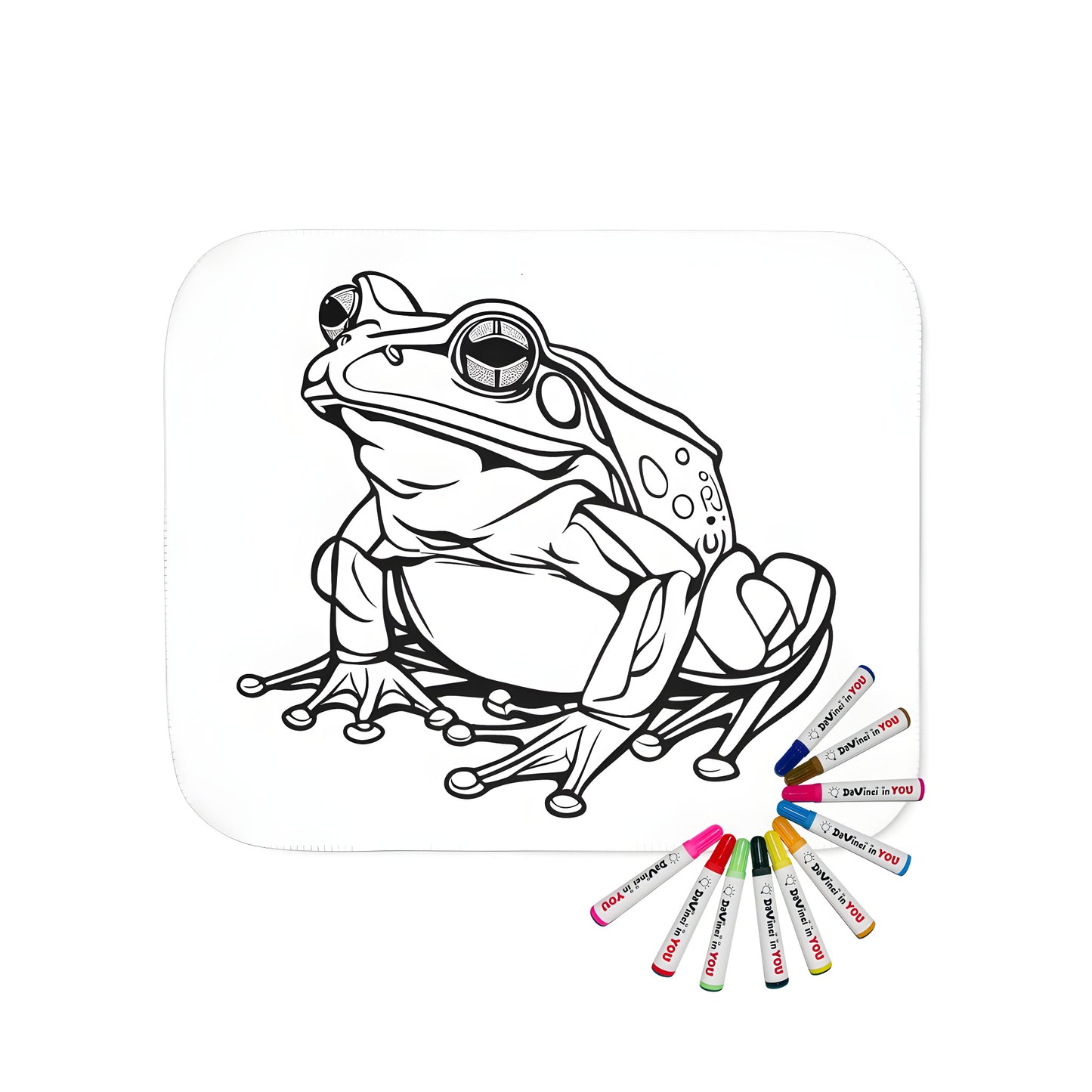 Cozy blanket with vibrant tree frog design featuring green skin, webbed toes, and expressive eyes. Ideal for coloring enthusiasts