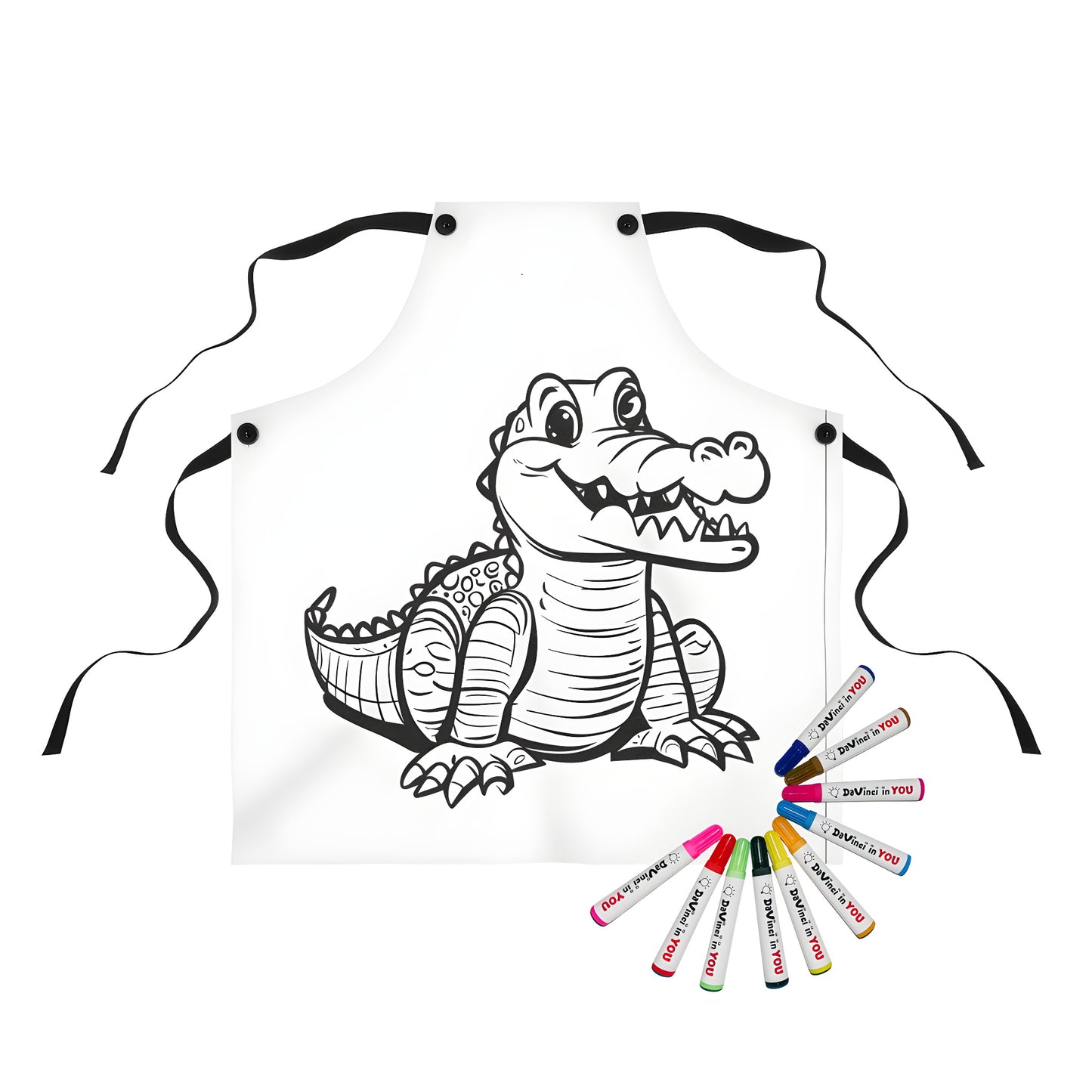 Apron featuring a cute cartoon crocodile design with big eyes and playful smile, ready for kid-friendly art activities