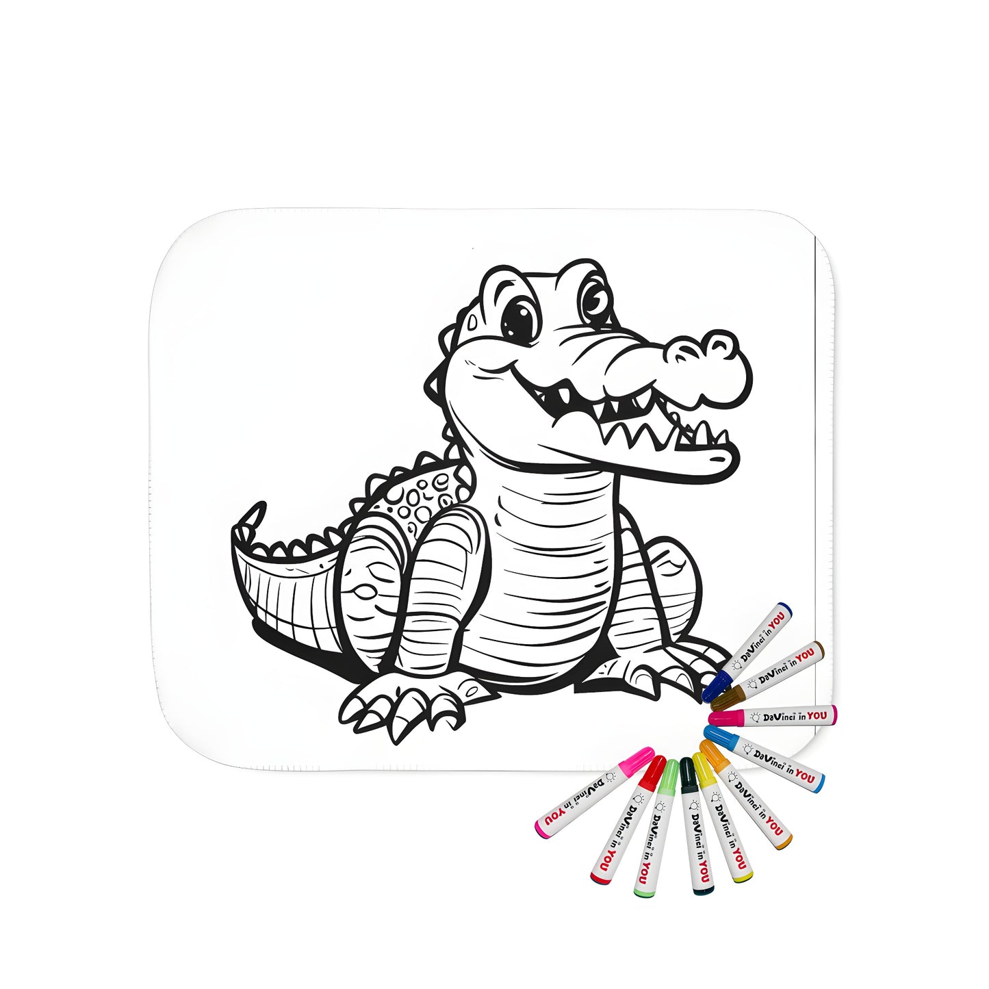 A soft, cozy blanket featuring a cute cartoon crocodile design with big eyes and a playful smile, perfect for snuggling up with