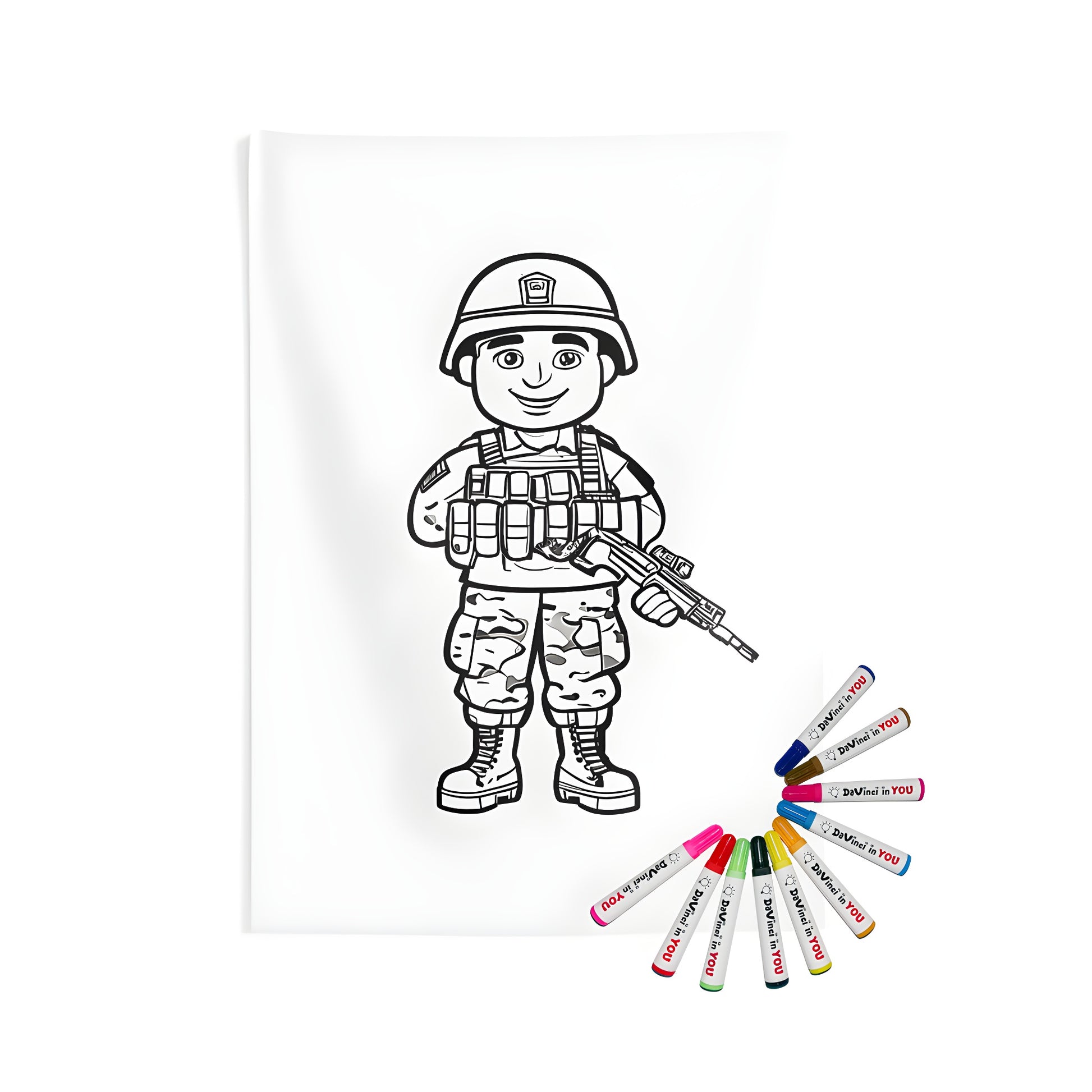 Indoor wall tapestry featuring a cartoon soldier design with 10 fabric markers