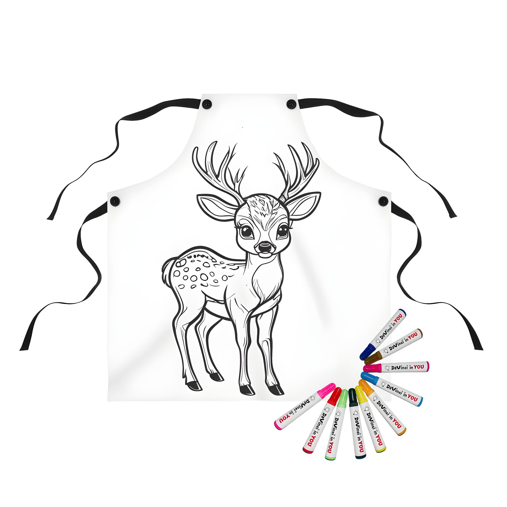 Apron featuring a charming black and white illustration of a young fawn, buck, or stag with antlers