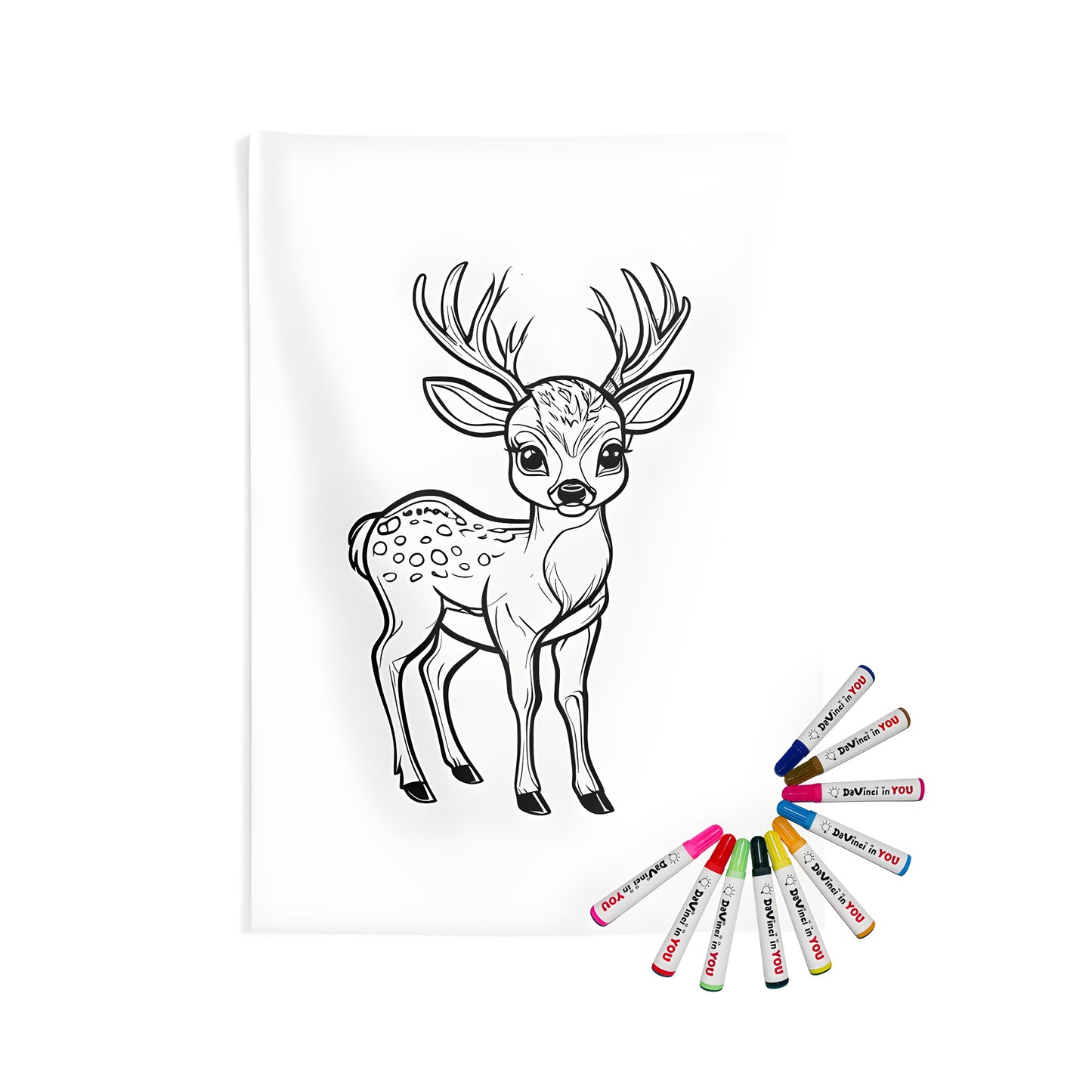 Indoor wall tapestries featuring a charming illustration of a young stag, fawn, or buck with intricate antlers, created using vibrant fabric markers
