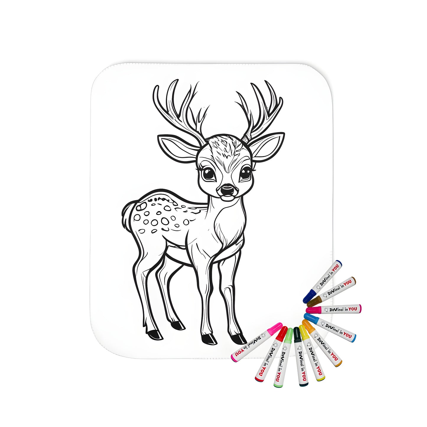 Cozy blanket with charming fawn illustration, featuring a young deer-like creature with antlers, perfect for adult coloring book fans