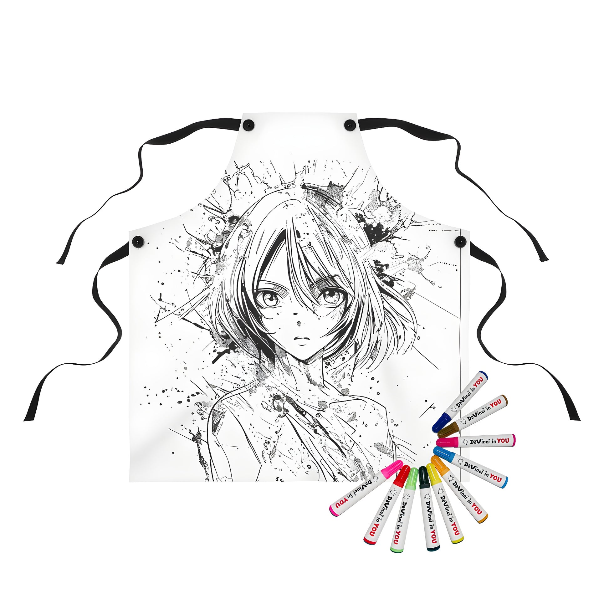 Colorful anime-inspired apron for kids and adults with vibrant design featuring expressive eyes