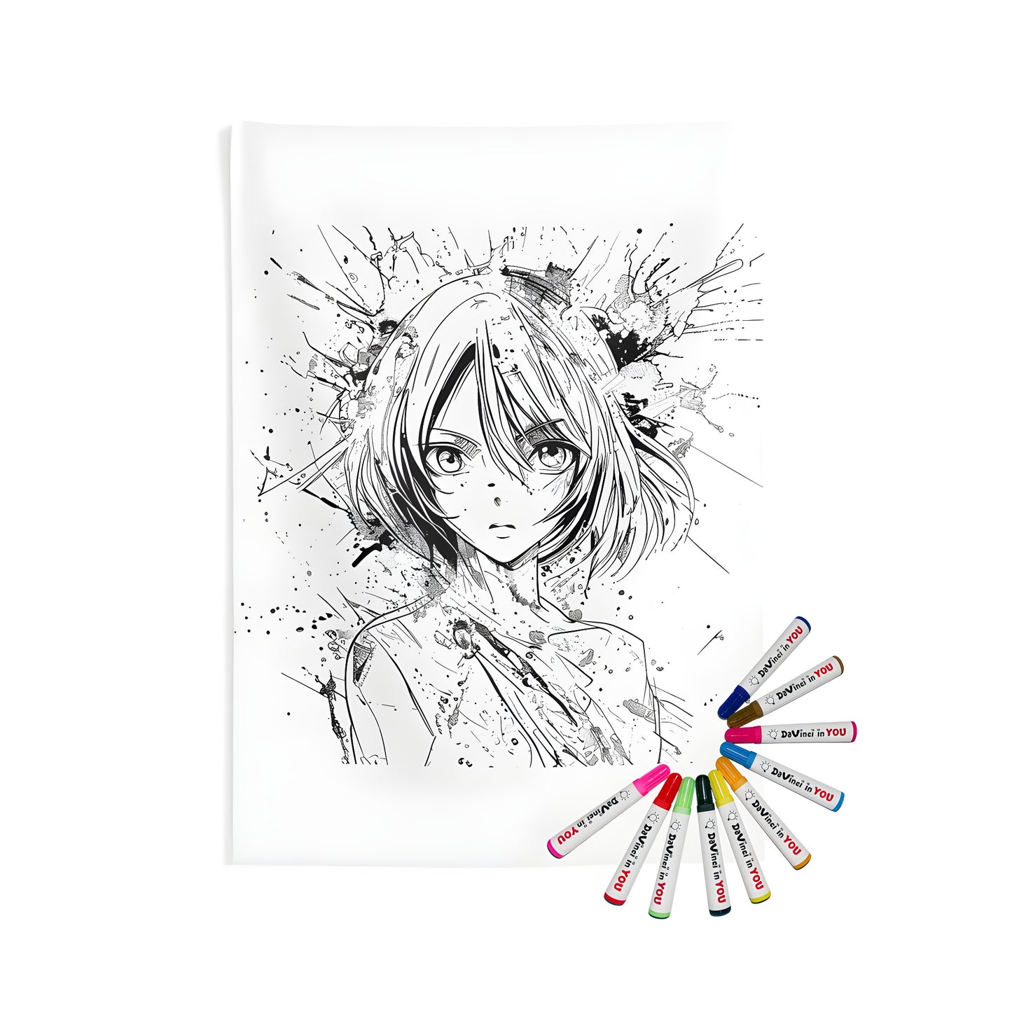 Abstract anime-inspired indoor wall tapestries and coloring kit with fabric markers
