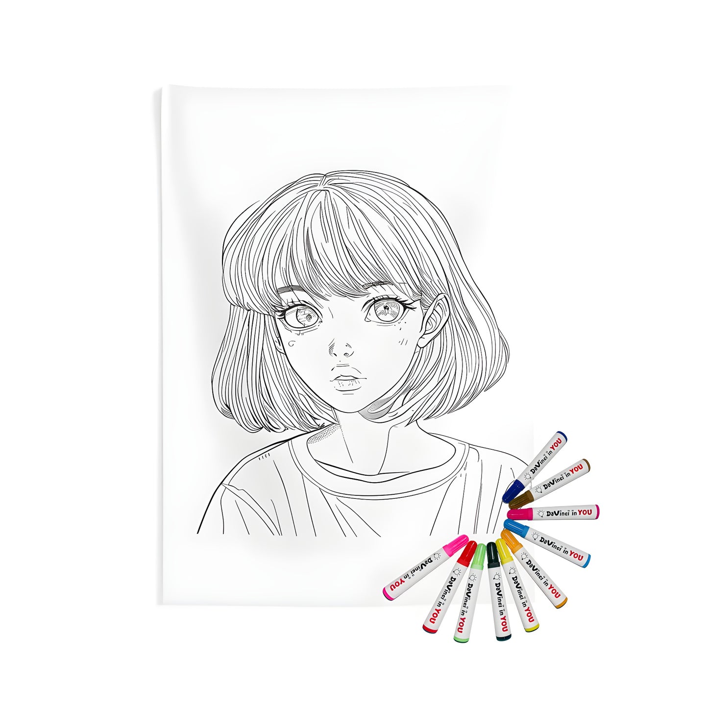 Anime style coloring page wall tapestry art print with girl design