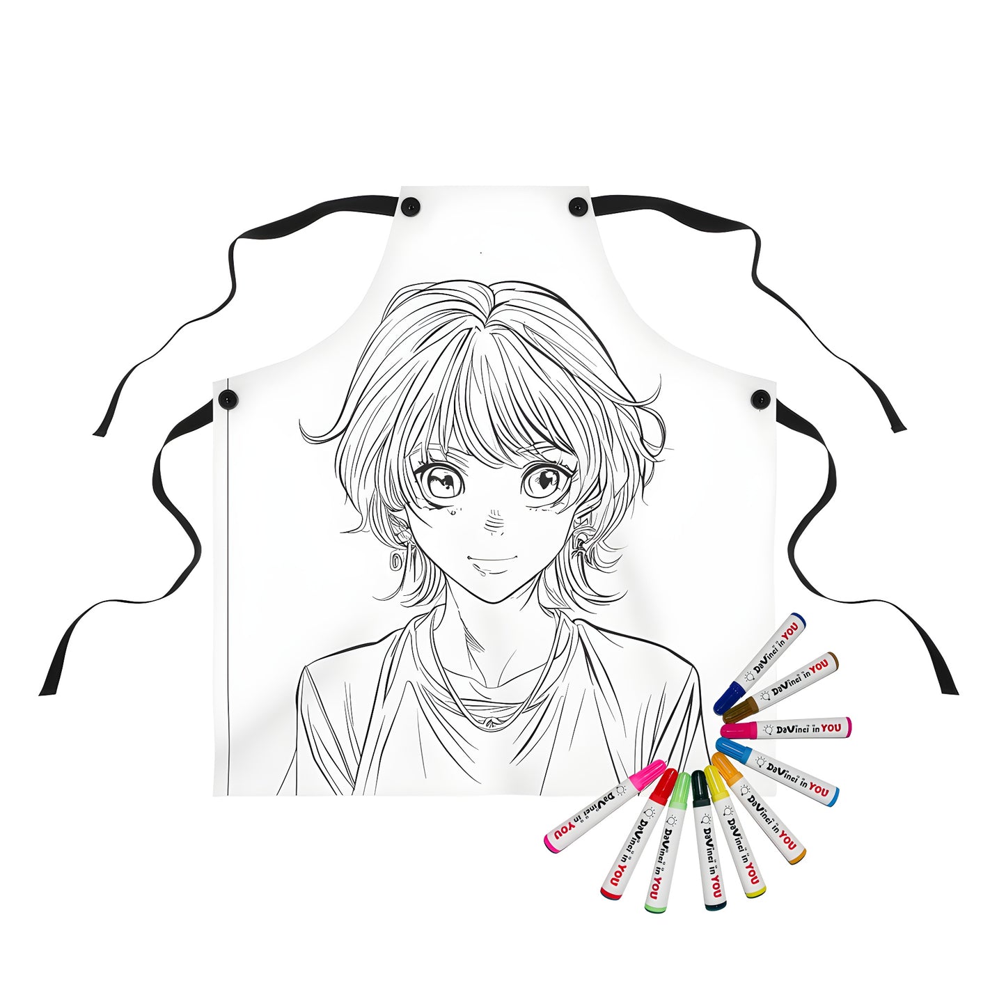 Apron with colorful anime character design featuring large eyes and short hair
