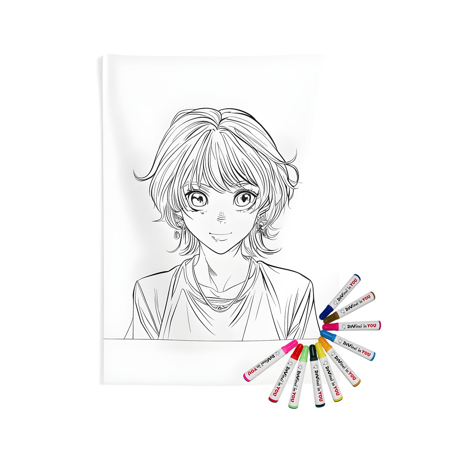 Detailed line drawing of an anime-inspired character featuring large expressive eyes and short hair, printed on an indoor wall tapestry