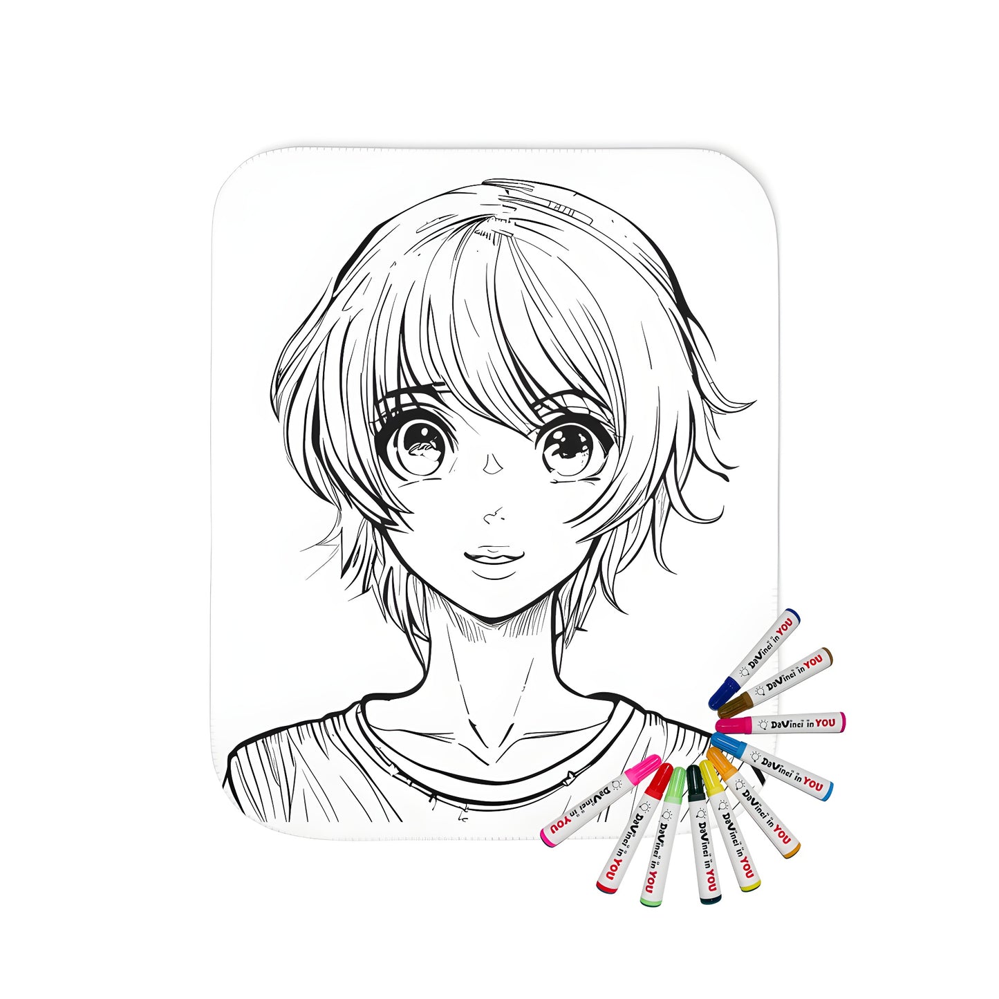 A cozy blanket featuring an anime-style portrait of a young girl with short hair and expressive eyes