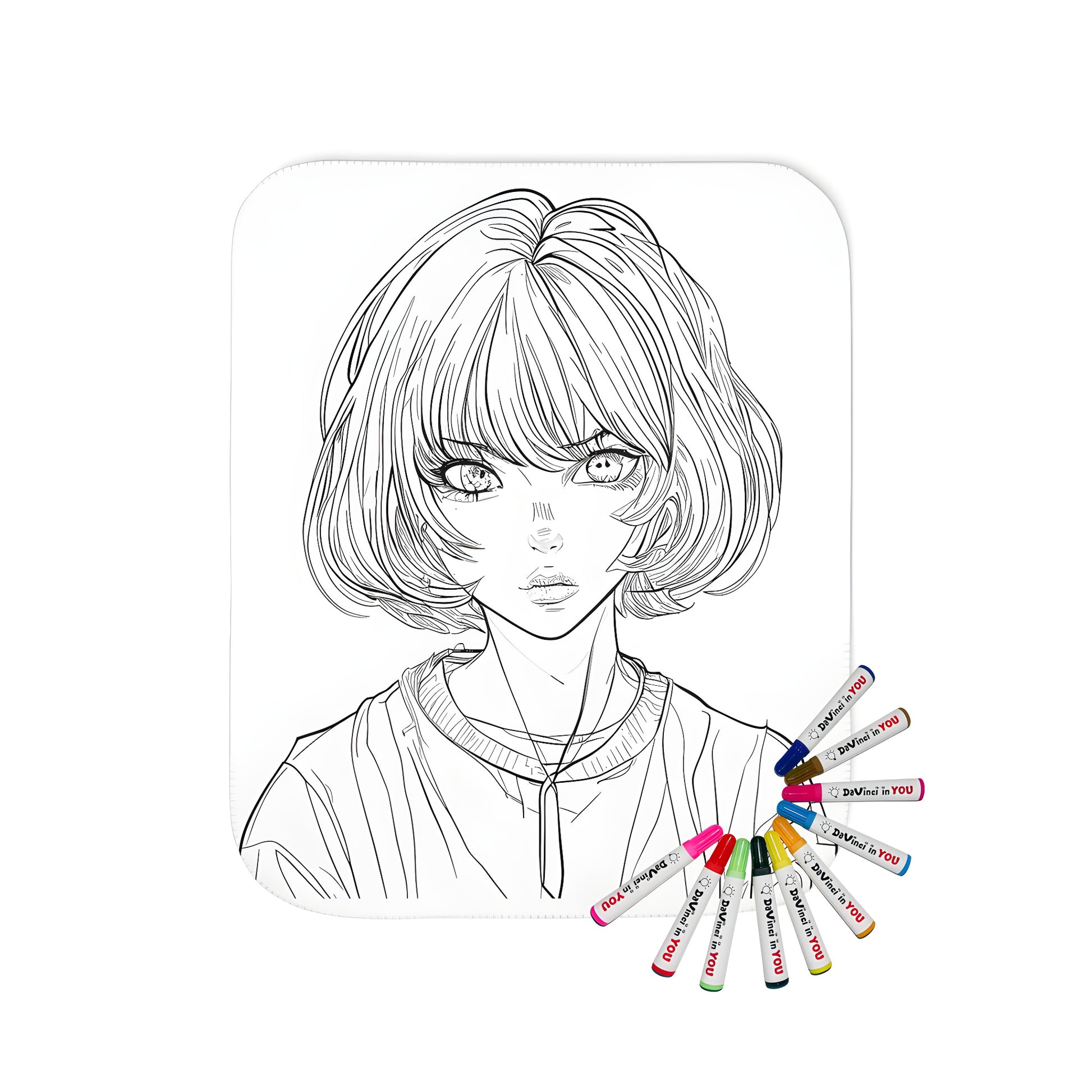 Blanket coloring kit image, Anime girl drawing on soft blanket, Girl with short hair and headphones fabric art