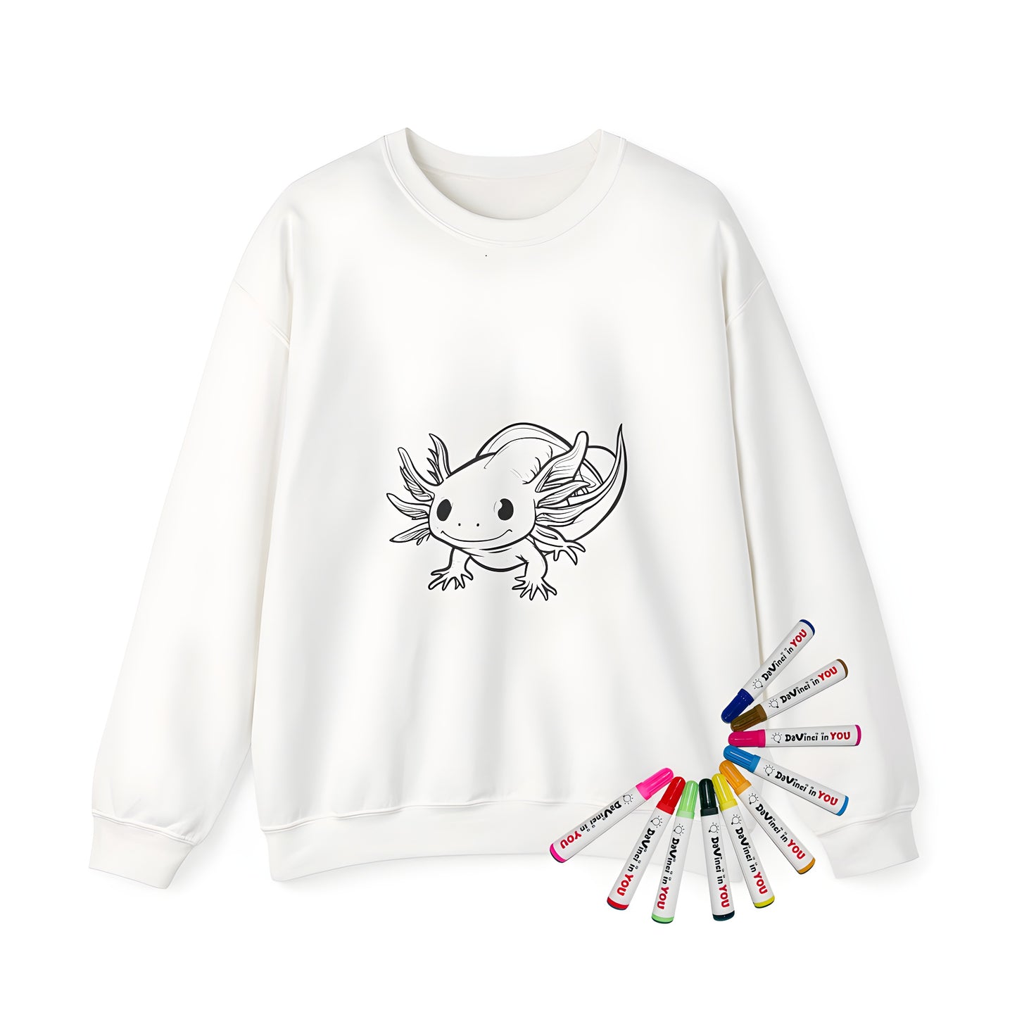 Adult Sweatshirt featuring a charming axolotl illustration, ideal for coloring page enthusiasts