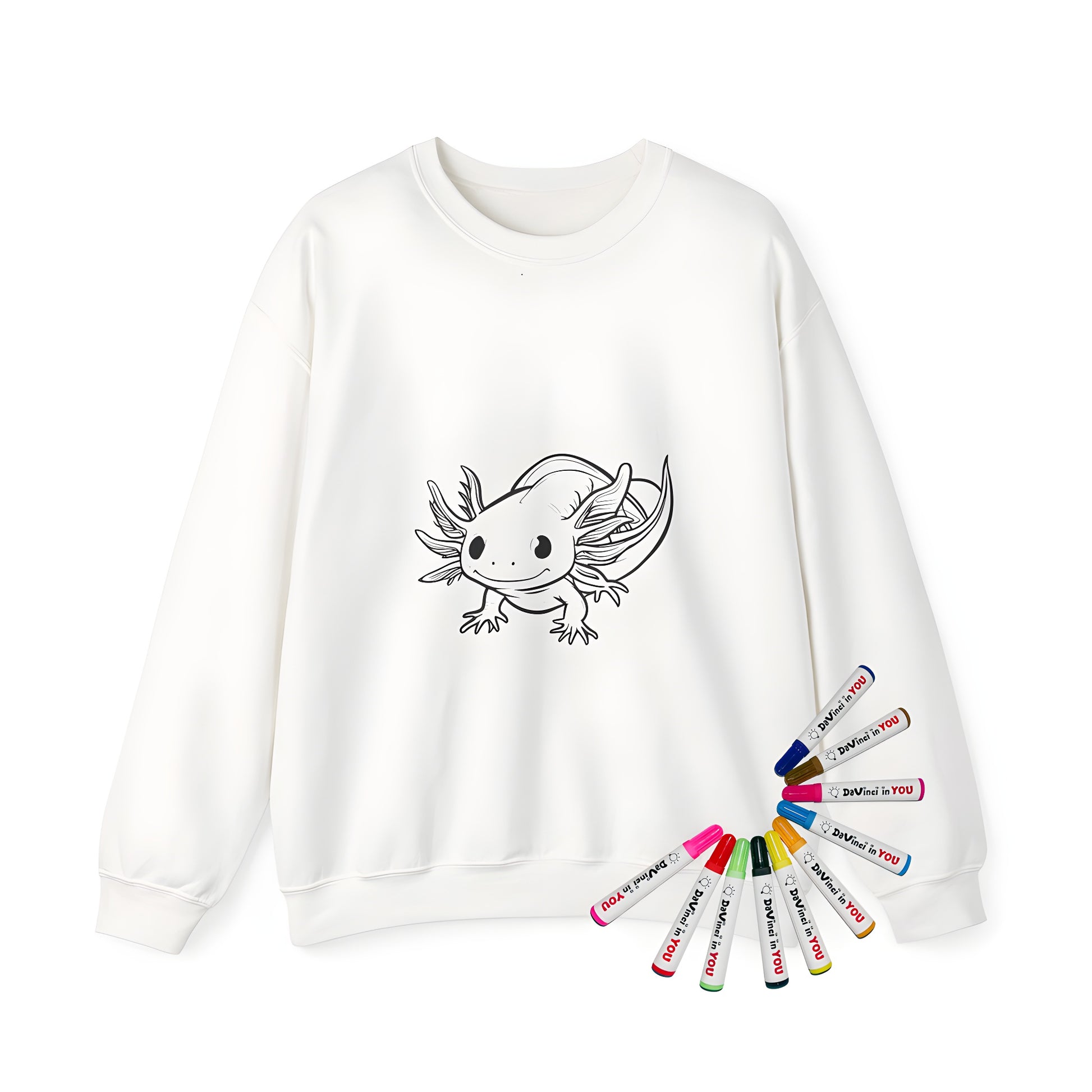 Adult Sweatshirt featuring a charming axolotl illustration, ideal for coloring page enthusiasts
