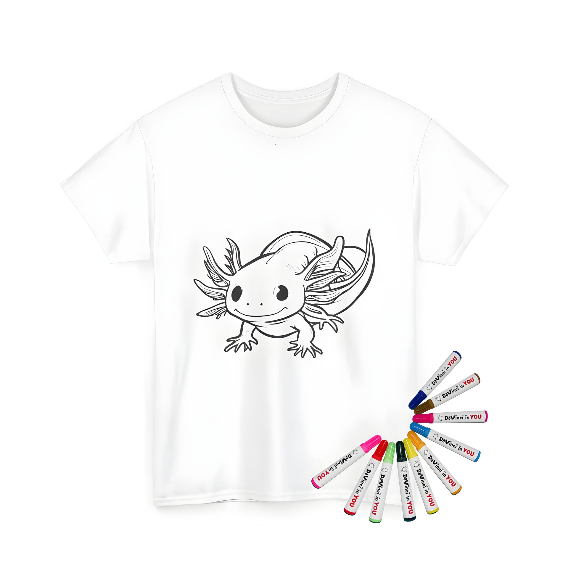 Coloring kit t-shirt with cute axolotl design, featuring a black and white line drawing of an Mexican salamander or water newt