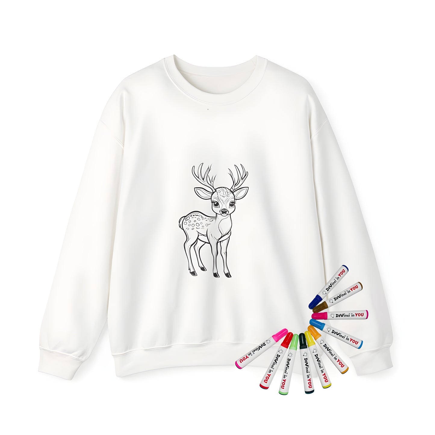Adult coloring kit sweatshirt with deer design, perfect for art lovers and fans of wildlife illustrations