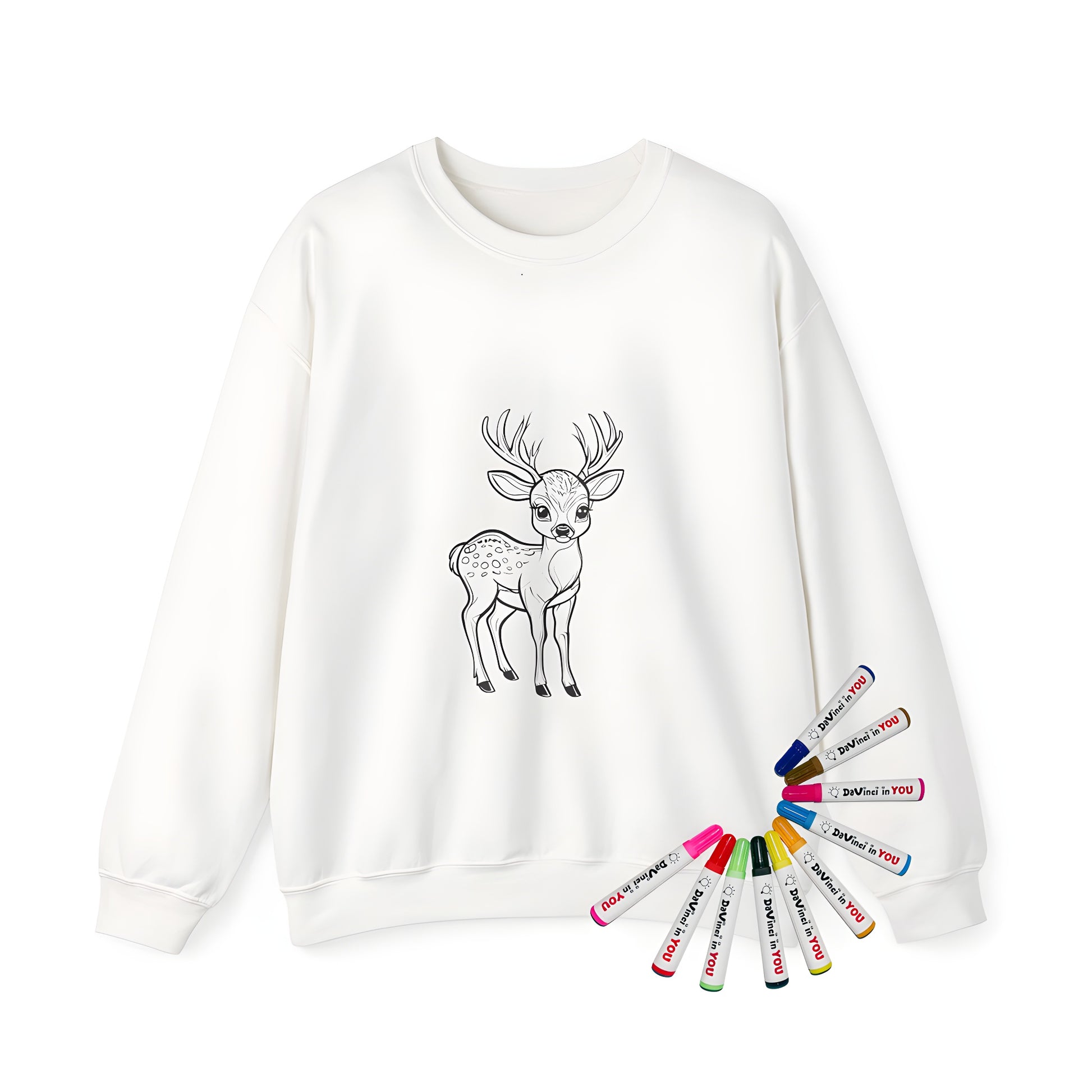 Adult coloring kit sweatshirt with deer design, perfect for art lovers and fans of wildlife illustrations